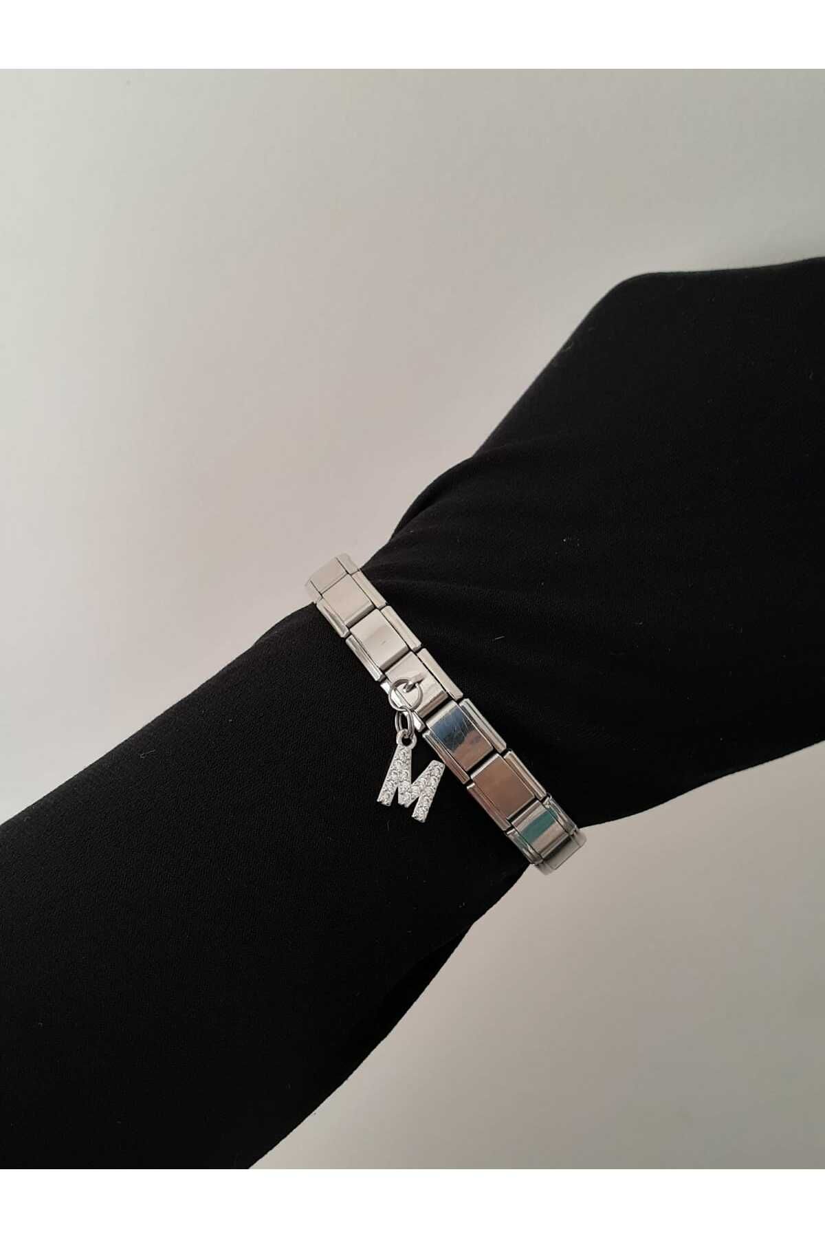 bijoux uniques Çelik M Harfli Zirkon Taşlı İtalyan Charm Bileklik