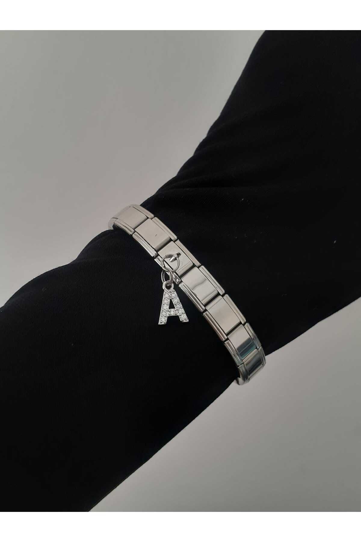 bijoux uniques Çelik A Harfli Zirkon Taşlı İtalyan Charm Bileklik