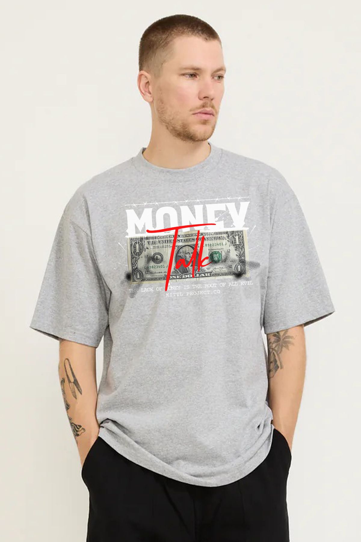 MODA Dolar Money Talks Para Konuşur Baskılı Oversize Kalıp Grimelanj Bol Geniş Kesim Erkek Tişört