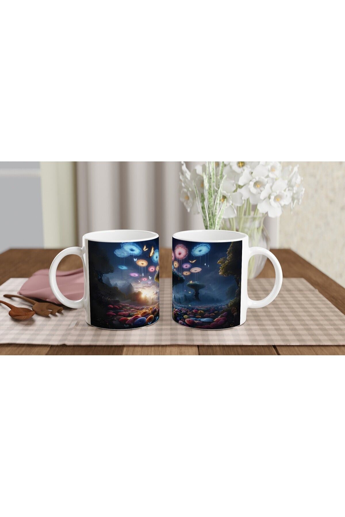 MESCHAIN-Magical Mushroom Forest and Flying Flowers Printed Mug 5