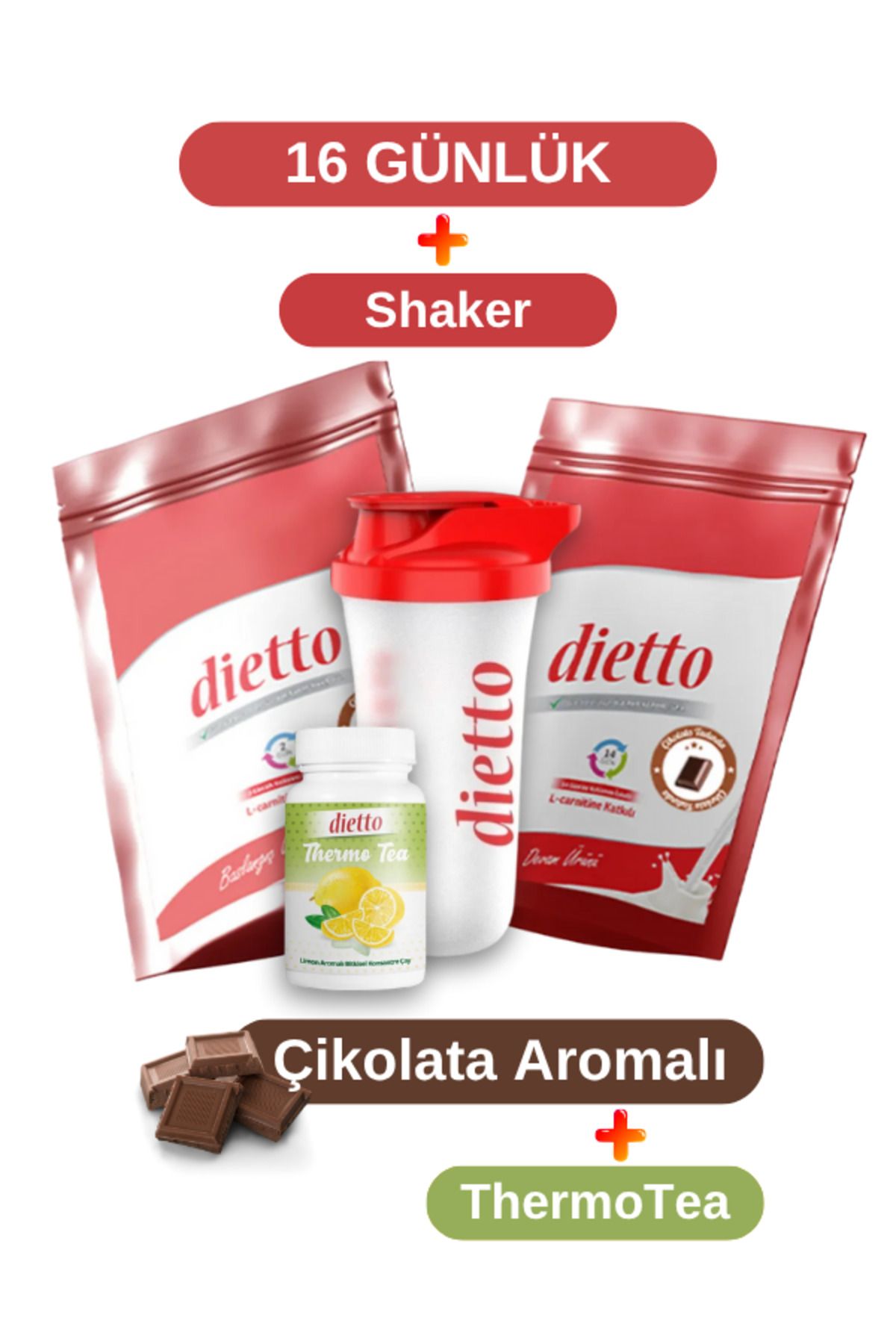 Dietto 16 Günlük Çikolata Aromalı Set - L Carnitine Katkılı - SHAKER Limon Çay