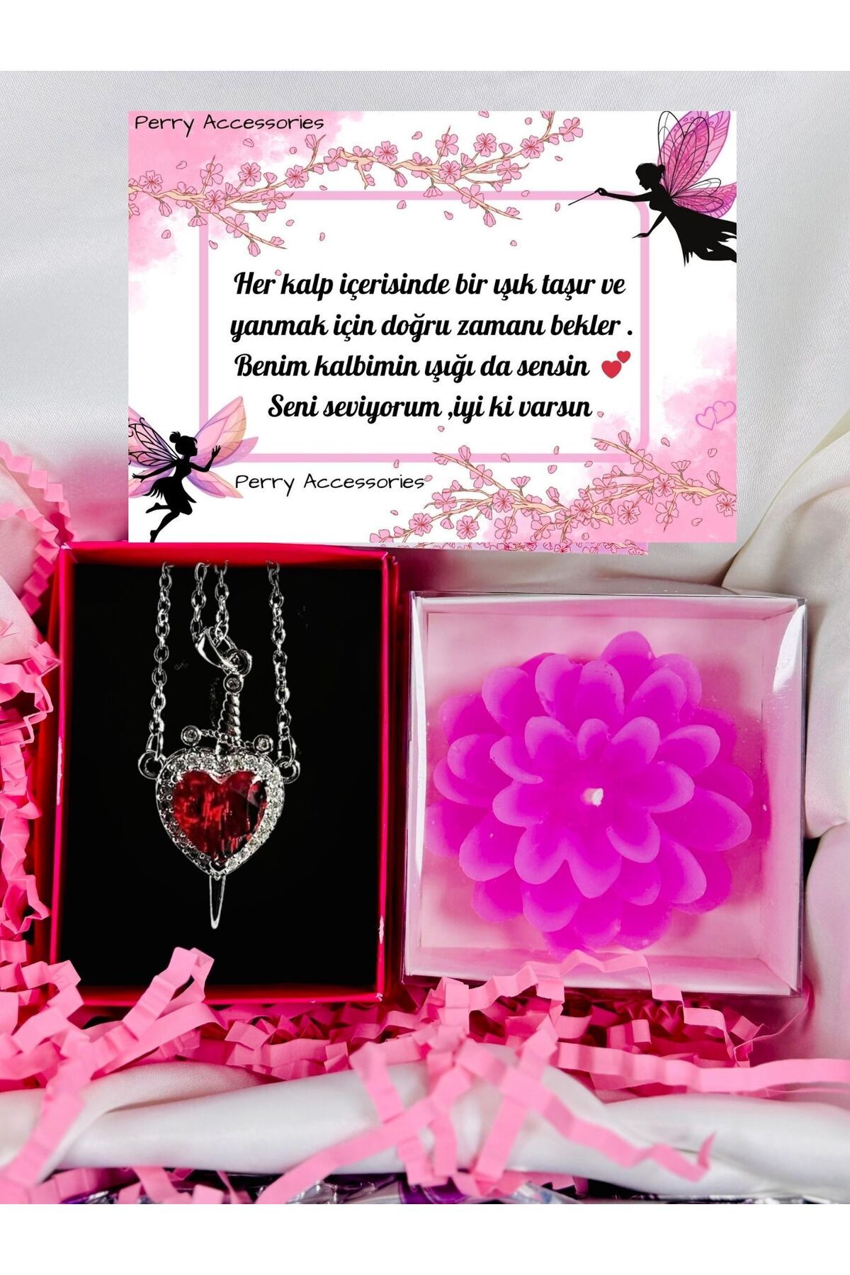 Perry Accesories kararmaz çelik kalp kılıç kolye ve kokulu pembe lotus mum hediye seti pamuk prenses ve avcı kolye