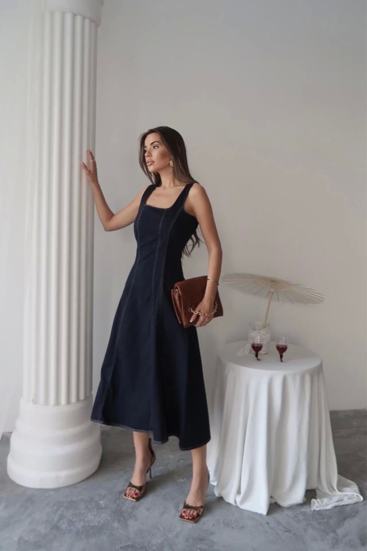 Butik Lacivert Çift Dikişli Gabardin Elbise
