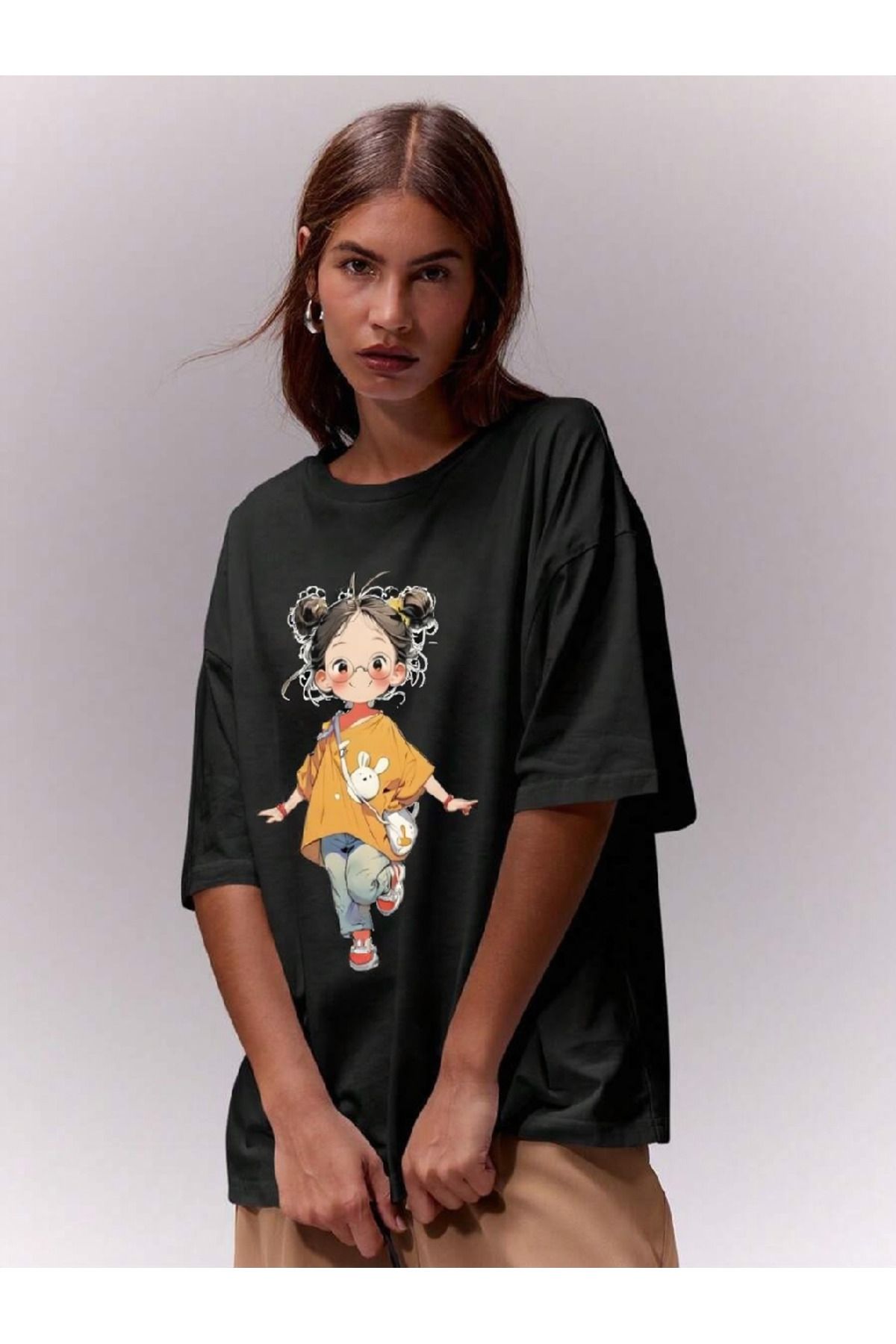 ELNOYA Unisex Pamuklu Siyah Oversize "Tatlı Kız" Baskılı Rahat Günlük T-shirt