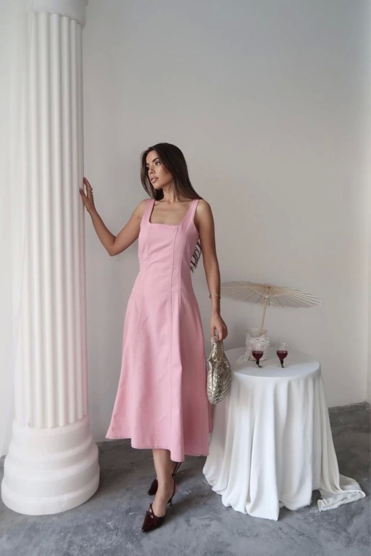 Butik Pembe Çift Dikişli Gabardin Elbise