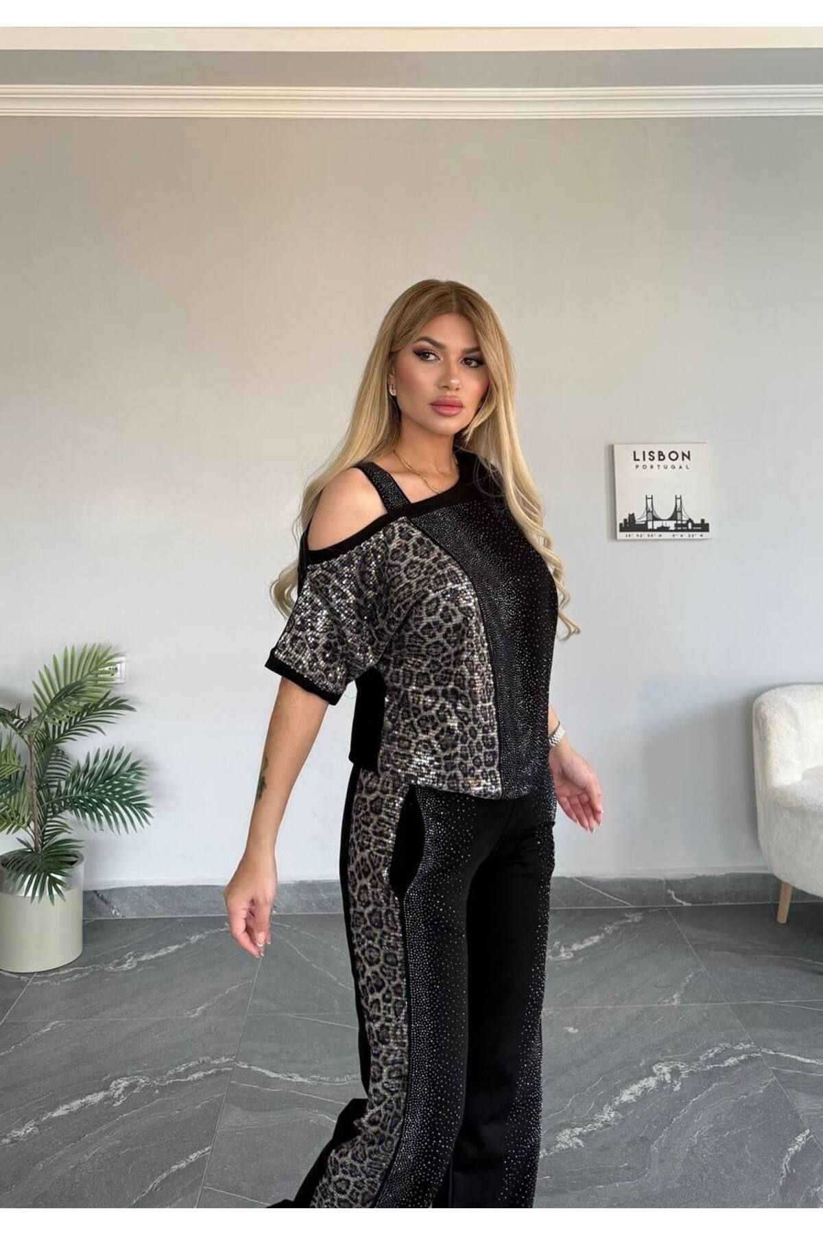 Bella Belluci Yeni Sezon Omuz Detaylı Leopar Alt Üst Takım