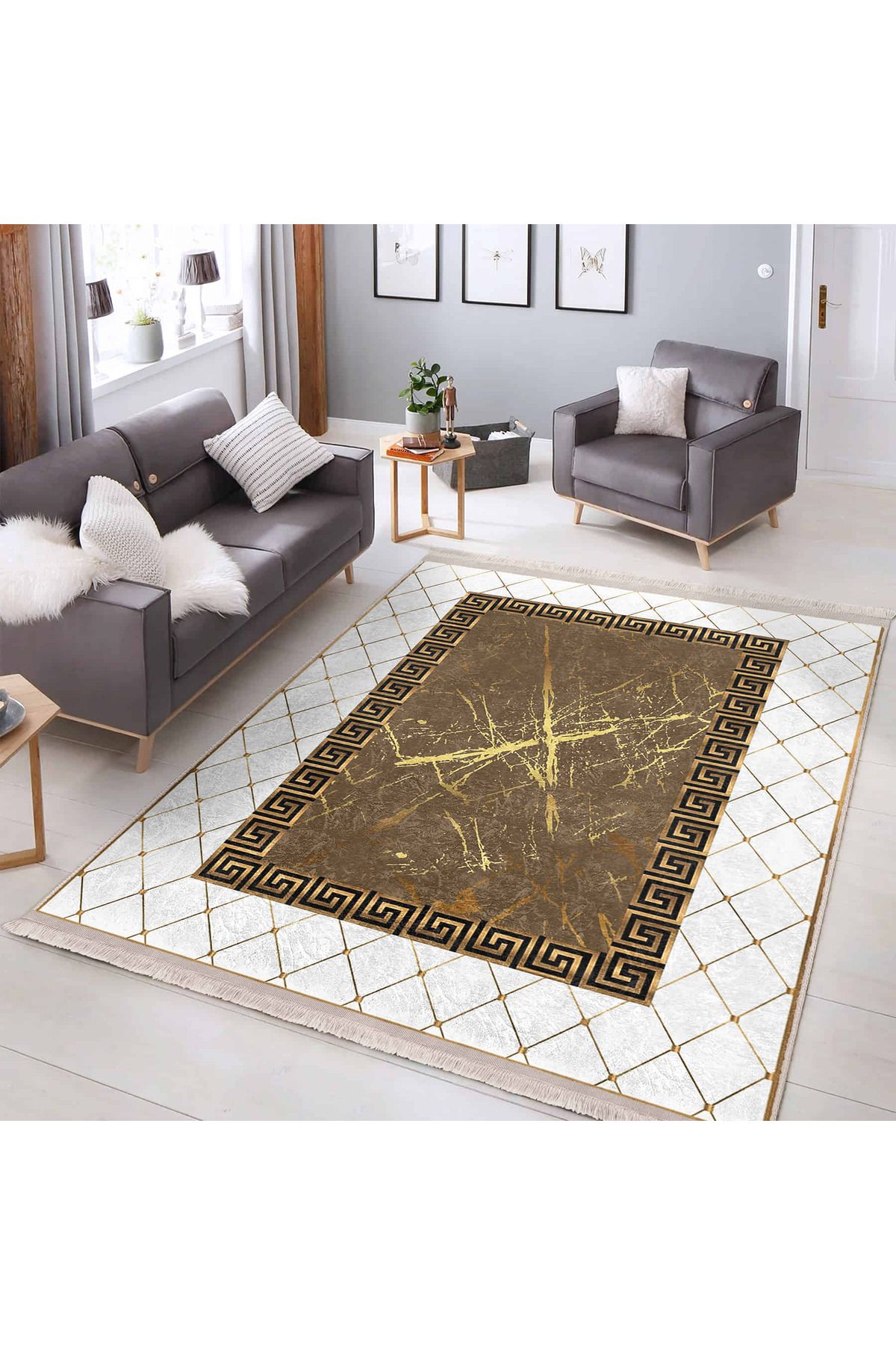 Realhomes Şık Altın Vena Desenli Modern Salon Halısı - Yıkanabilir Kaymaz Tabanlı Dikdörtgen Halı