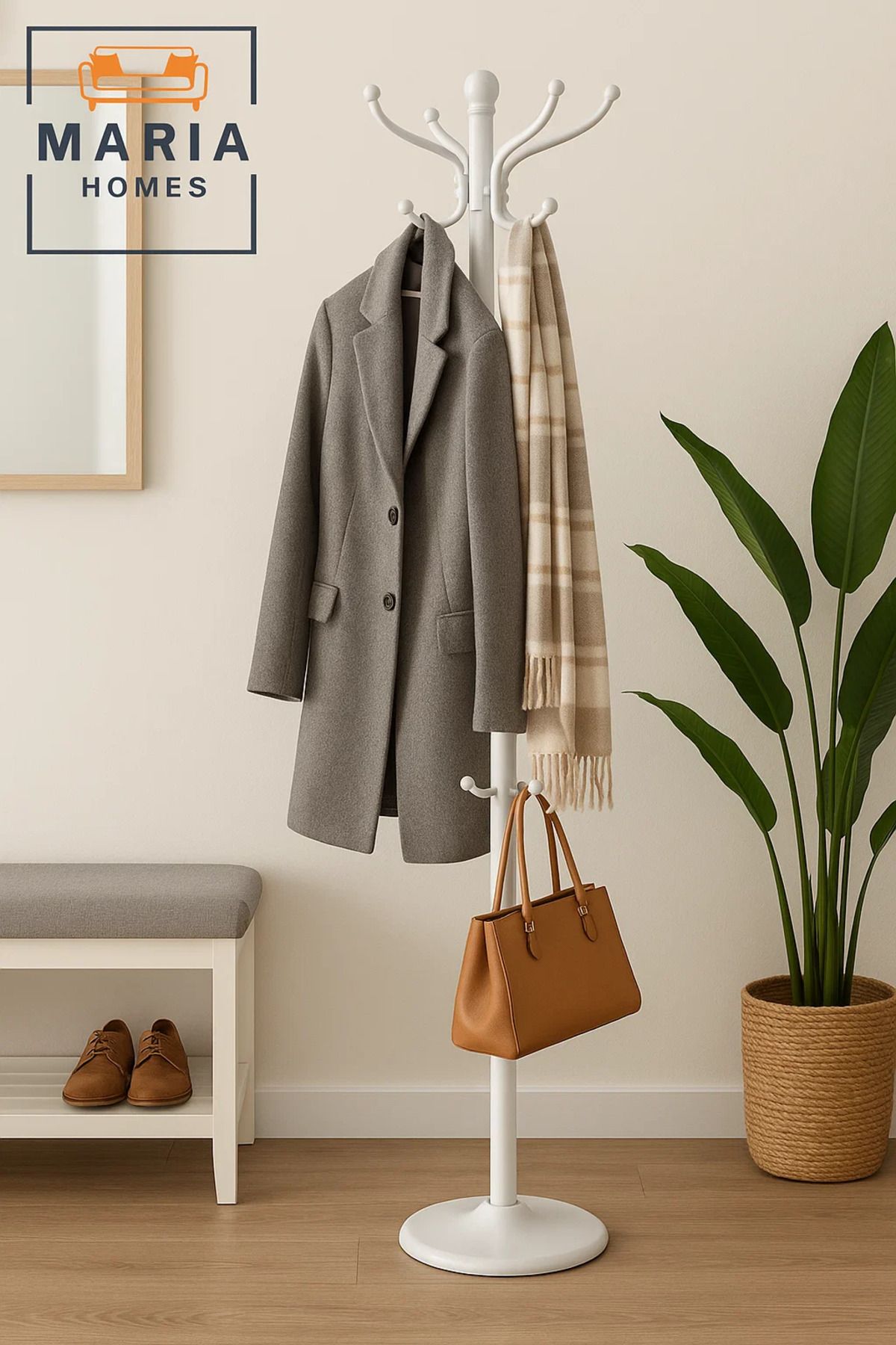 MARIA HOMES-White Standing Coat Rack with Rounded Hooks and Stable Circular Base 3