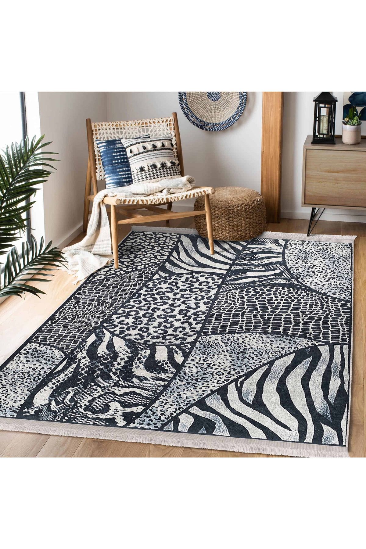Realhomes Zebra ve Leopar Desenli Modern Salon Halısı - Kaymaz Tabanlı Yıkanabilir Dikdörtgen Halı