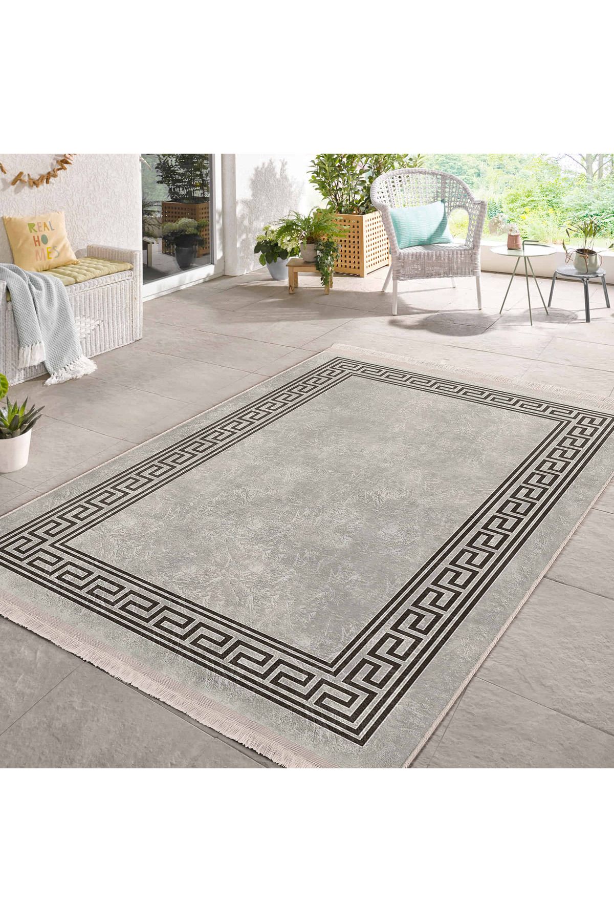 Realhomes Gri-Zemin Üzerinde Klasik Geometrik Desenli Salon Halısı Yıkanabilir Kaymaz Tabanlı