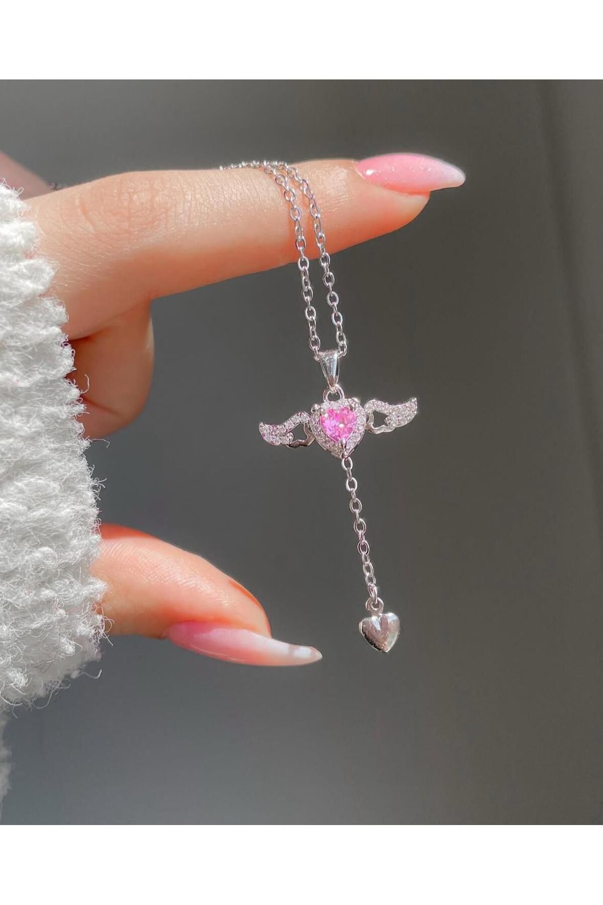 Perry Accesories kararmaz çelik oynar kanatlı pembe kalp kolye melek kanatlı çelik kadın kolye pembe taş kolye