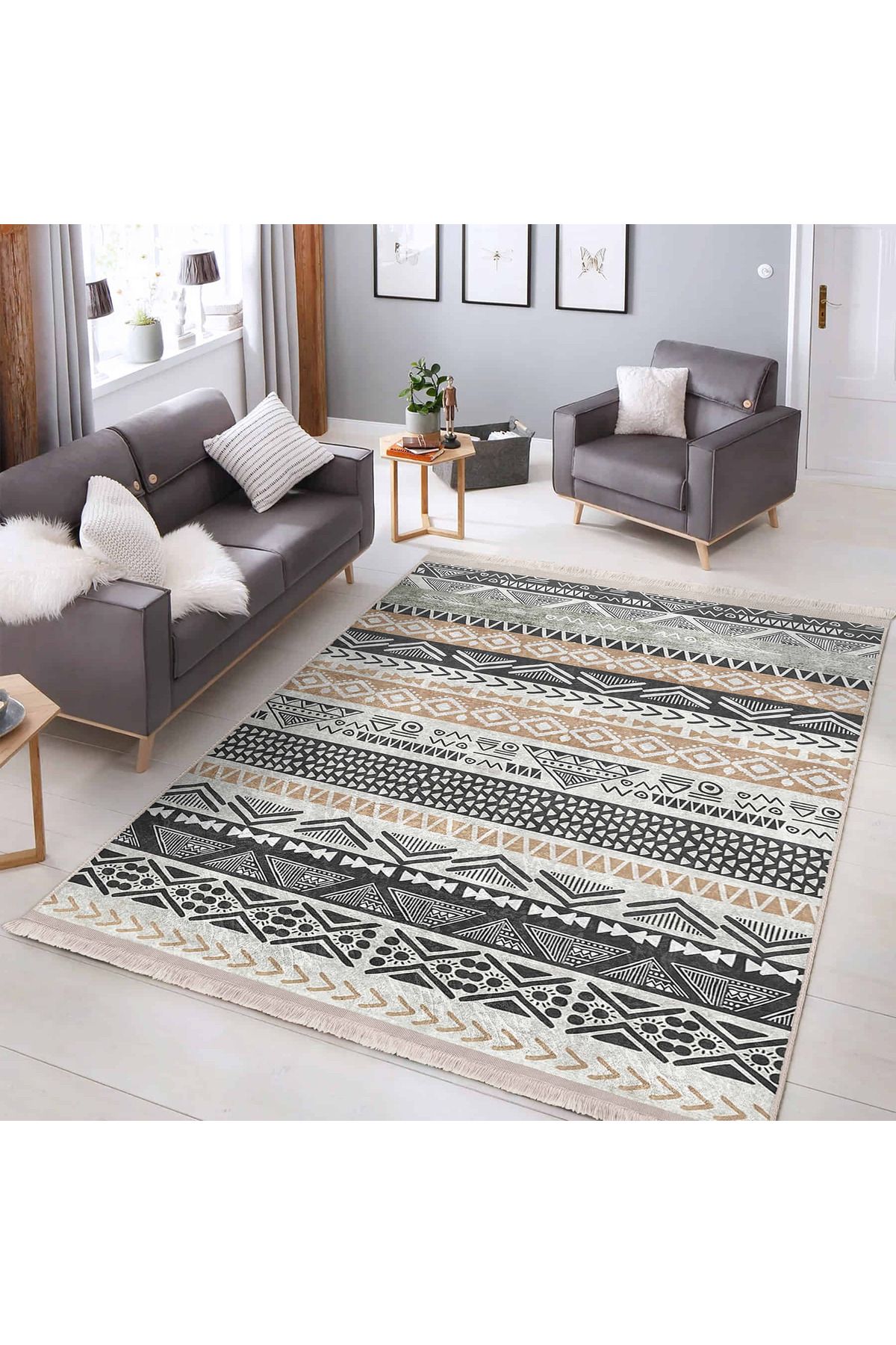 Realhomes Modern Geometrik Desenli Salon Halısı – Dikdörtgen Yıkanabilir Kaymaz Taban Tasarım