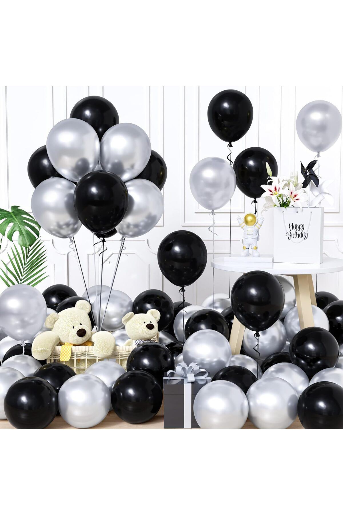 BALON DİYARI 40 Adet Siyah & Gümüş Balon Seti - Modern Parti Dekorasyonu