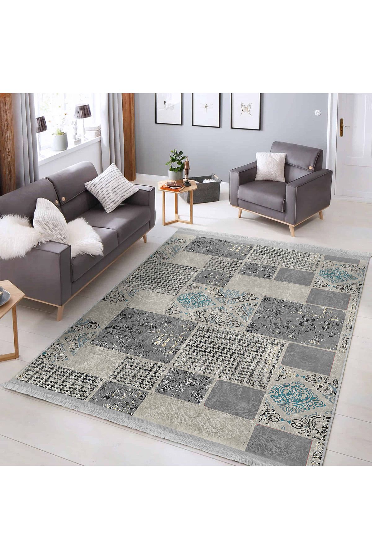 Realhomes Gri ve Mavi Renkli Geometrik Desenli Kaymaz Tabanlı Yıkanabilir Dikdörtgen Halı