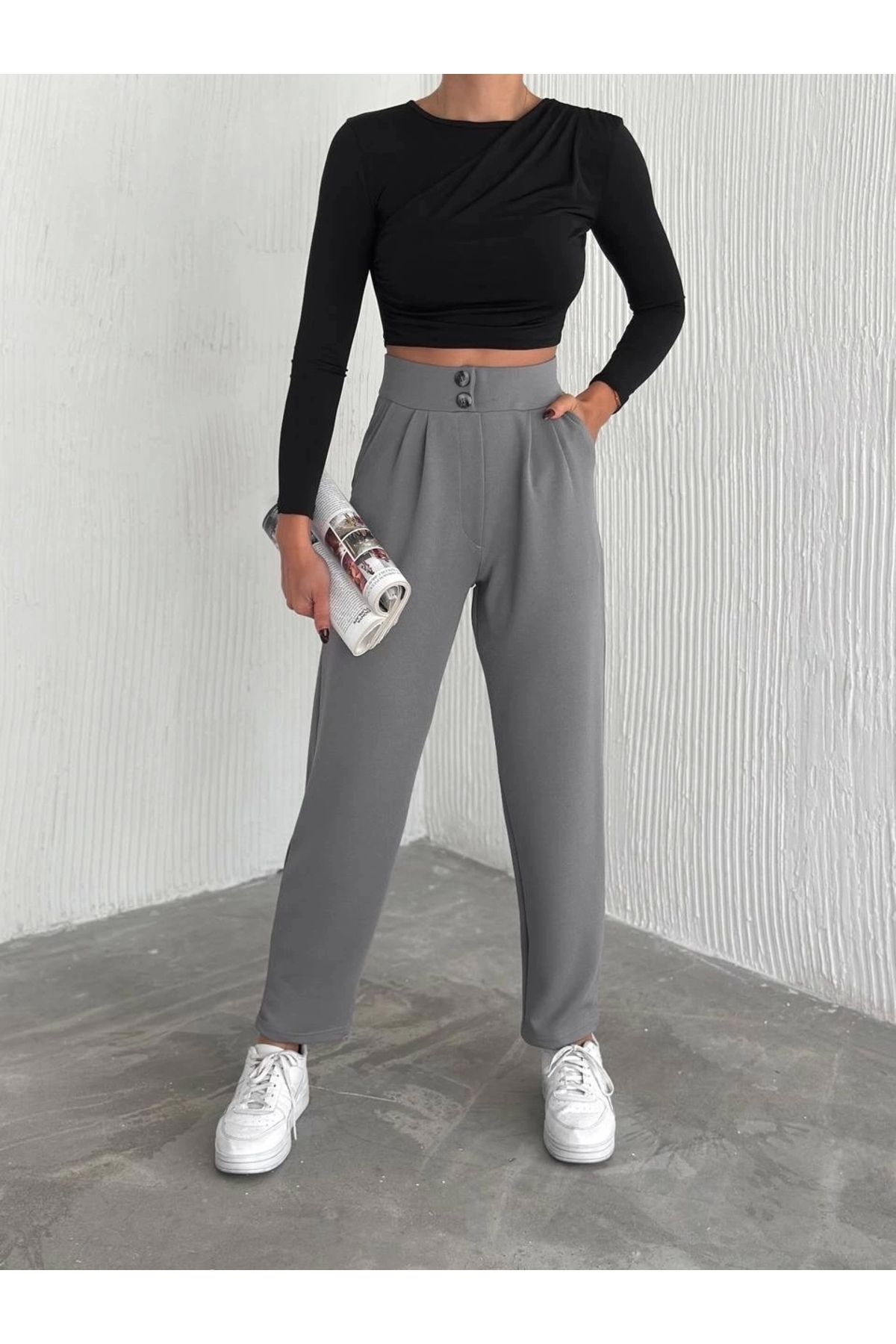 No8 Home örme krep pantolon çift düğmeli
