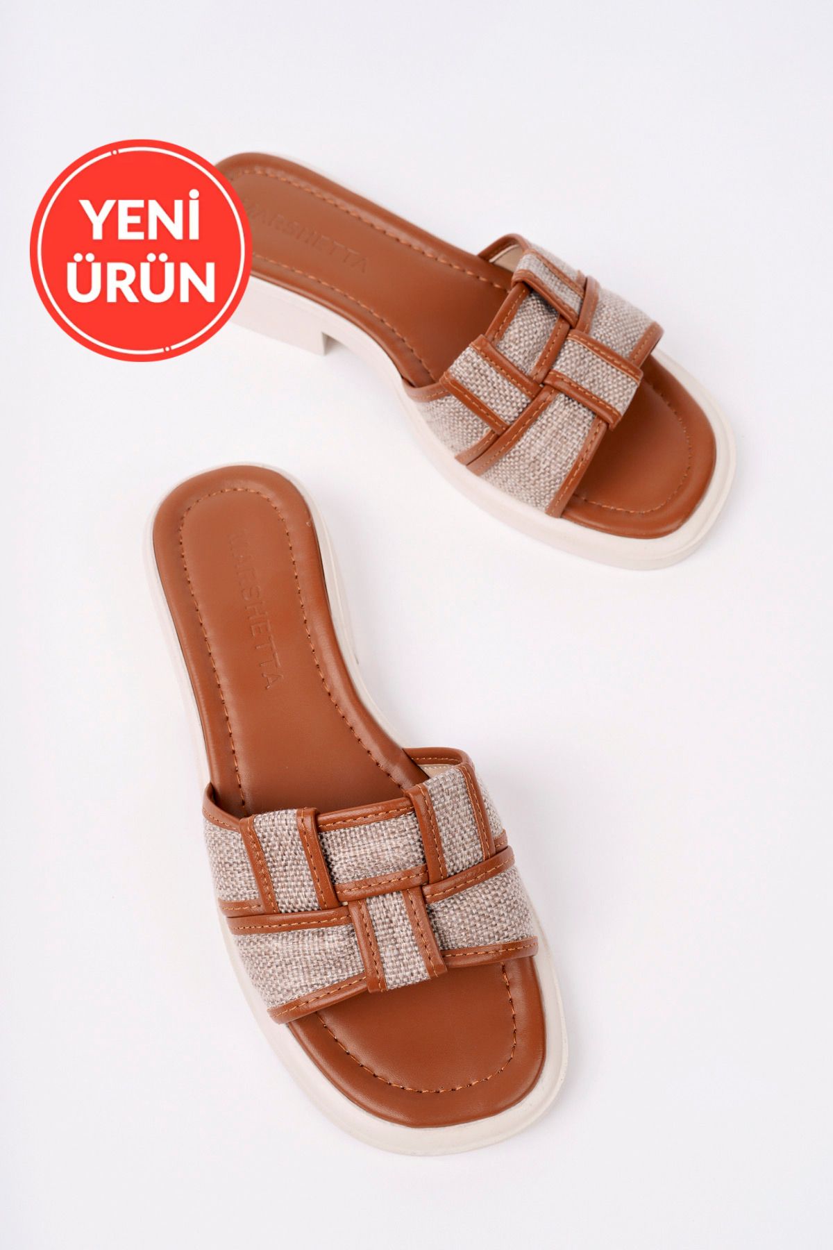 MARSHETTA Rox Model Günlük Kadın Kahverengi Taba Şeritli Keten Terlik