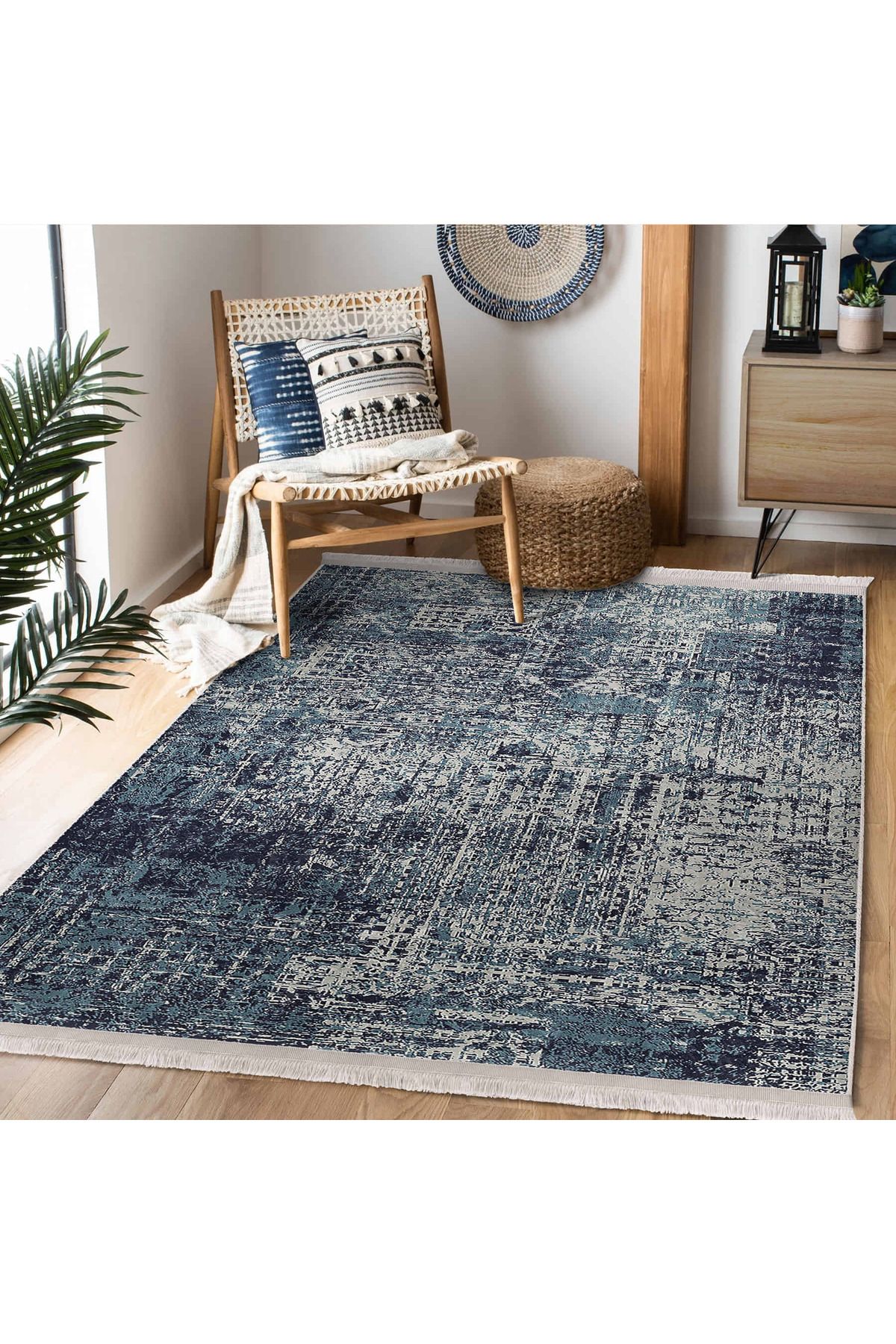 Realhomes Mavi ve Gri Tonlarda Modern Abstrakt Desenli Salon İçin Yıkanabilir Kaymaz Taban Halı
