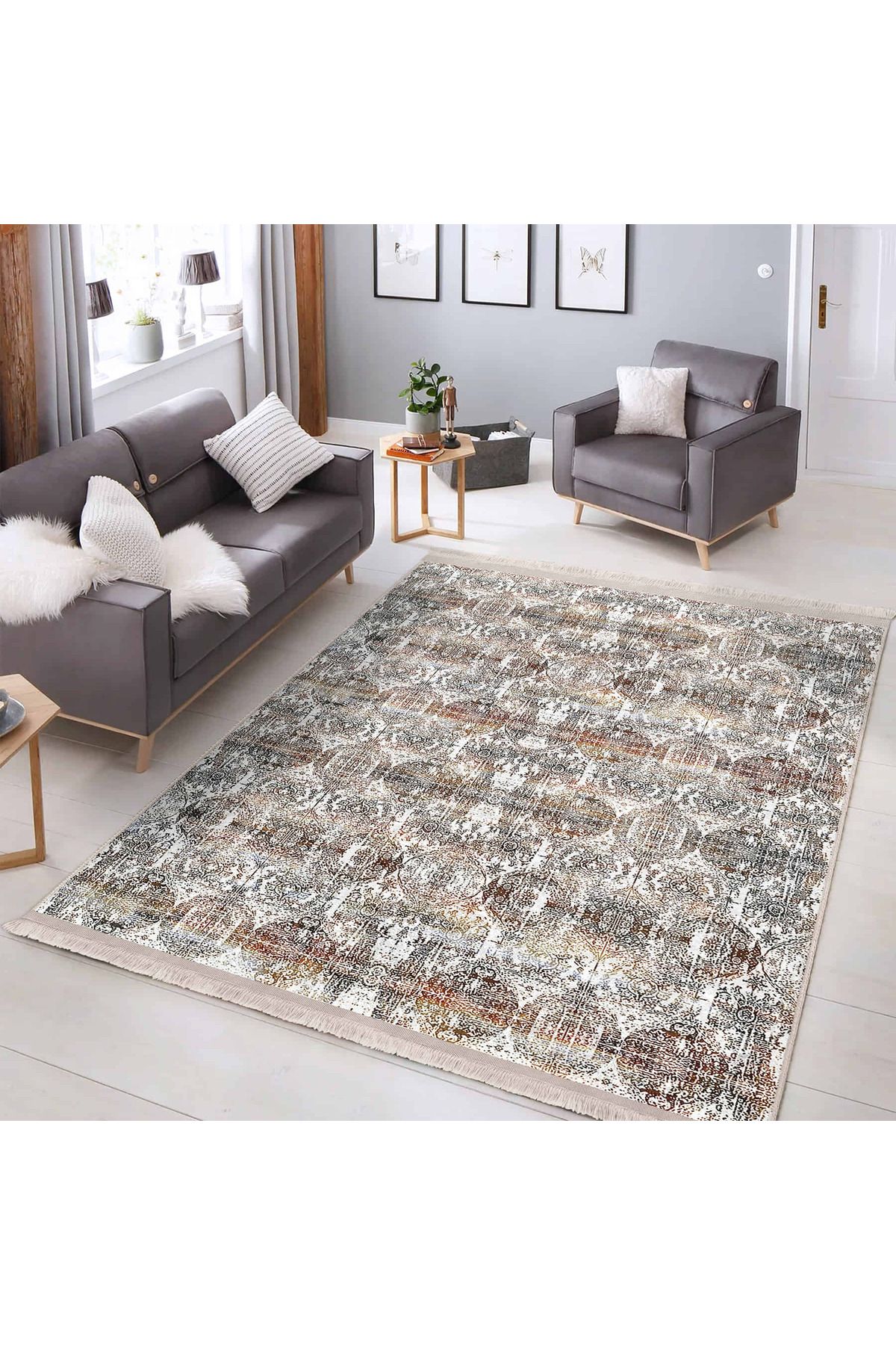 Realhomes Vintage Dokulu Etnik Motifli Salon & Oturma Odası için Yıkanabilir Kaymaz Taban Halı