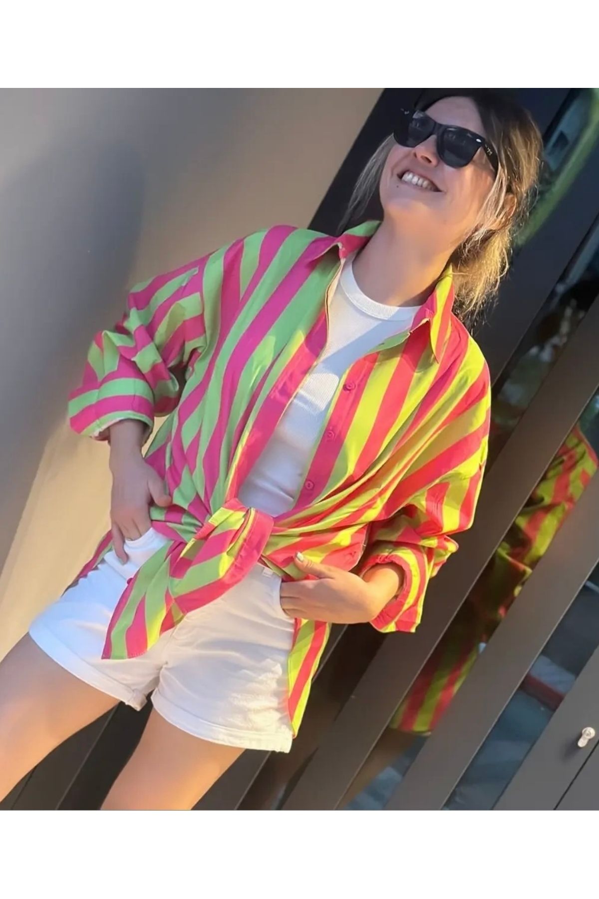 SKYstyles Yeşil pembe çizgili gömlek