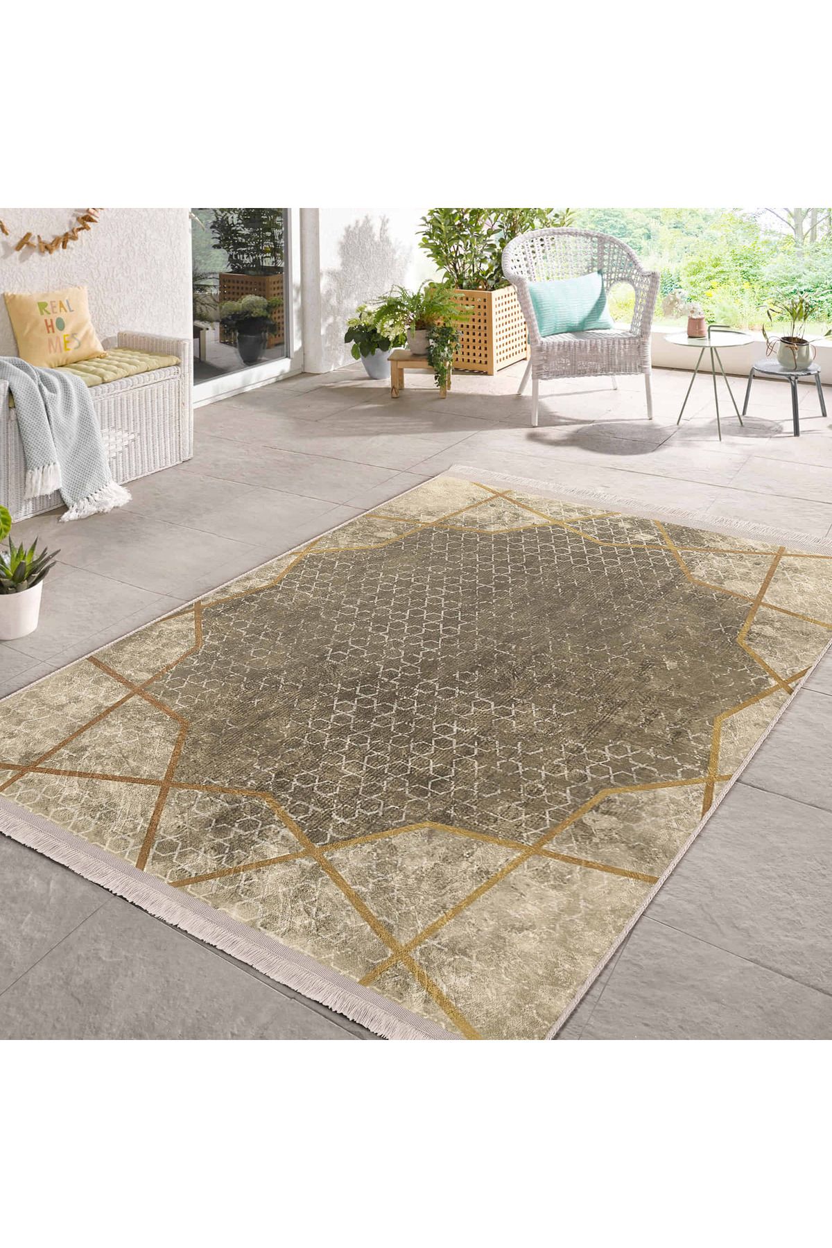 Realhomes Dörtgen Geometrik Desenli Modern Salon Halısı - Kaymaz Taban Yıkanabilir 3D Dijital Baskı