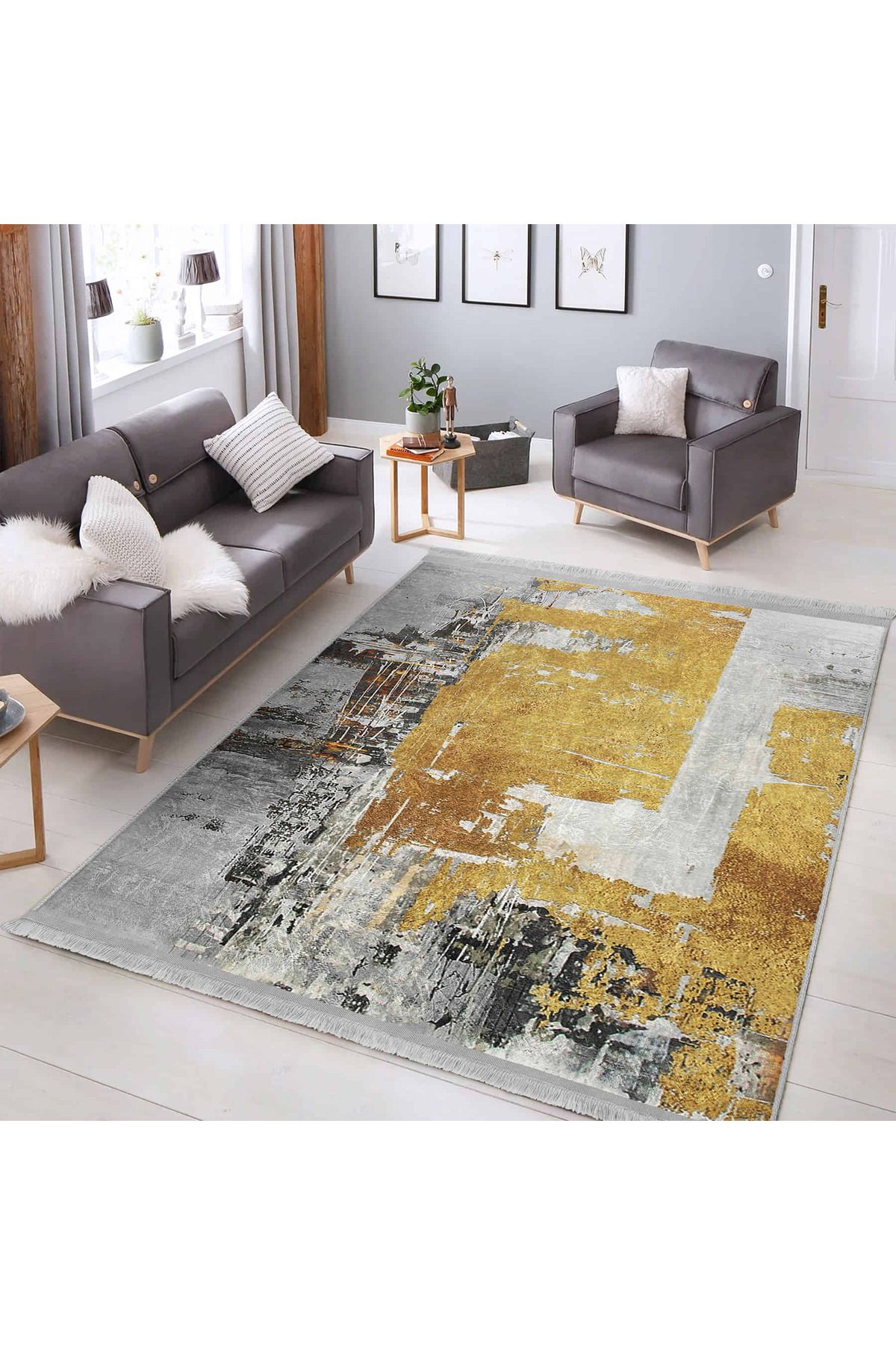 Realhomes Gümüş ve Altın Tonlarında Modern Desenli Şık Salon Halısı Yıkanabilir Kaymaz Tabanlı