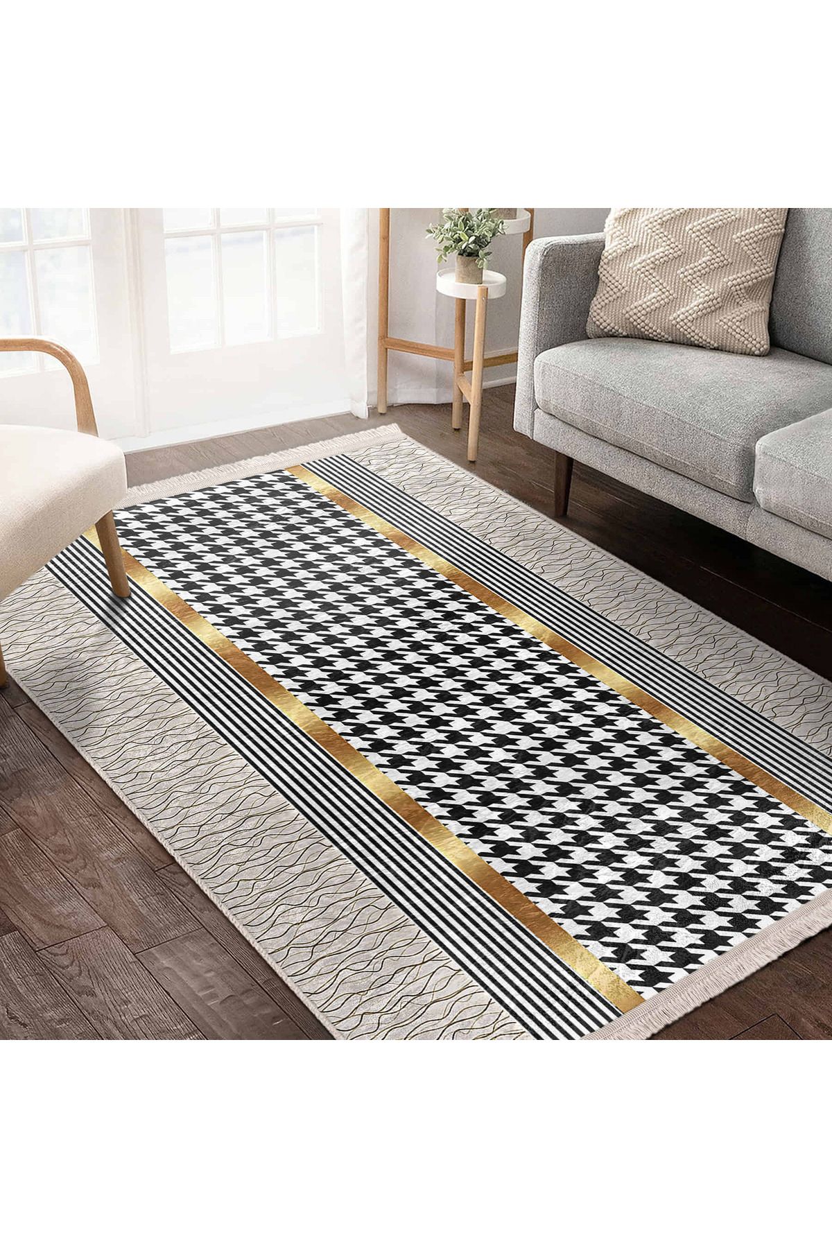 Realhomes Zarif Siyah-Beyaz Houndstooth Desenli Salon Halısı Kaymaz Tabanlı Makinede Yıkanabilir