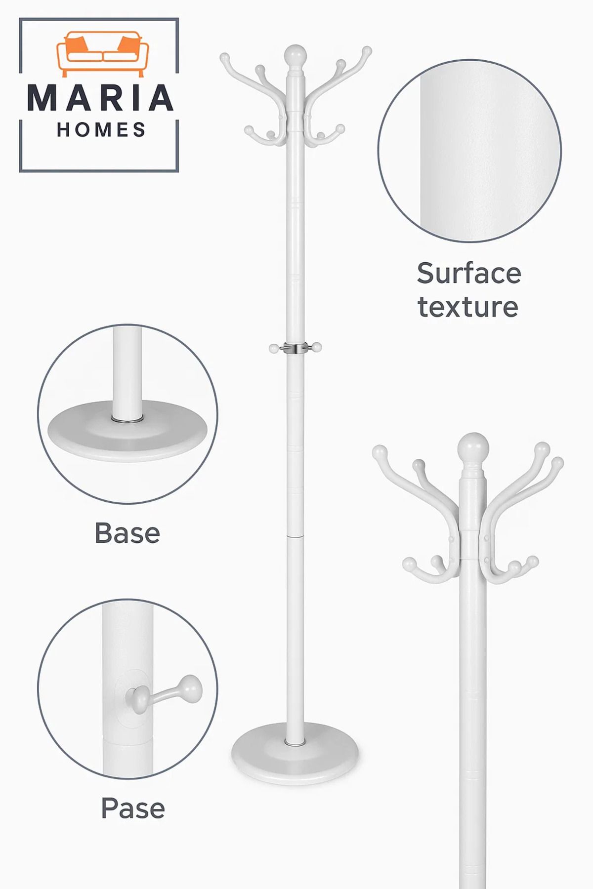 MARIA HOMES-White Standing Coat Rack with Rounded Hooks and Stable Circular Base 4