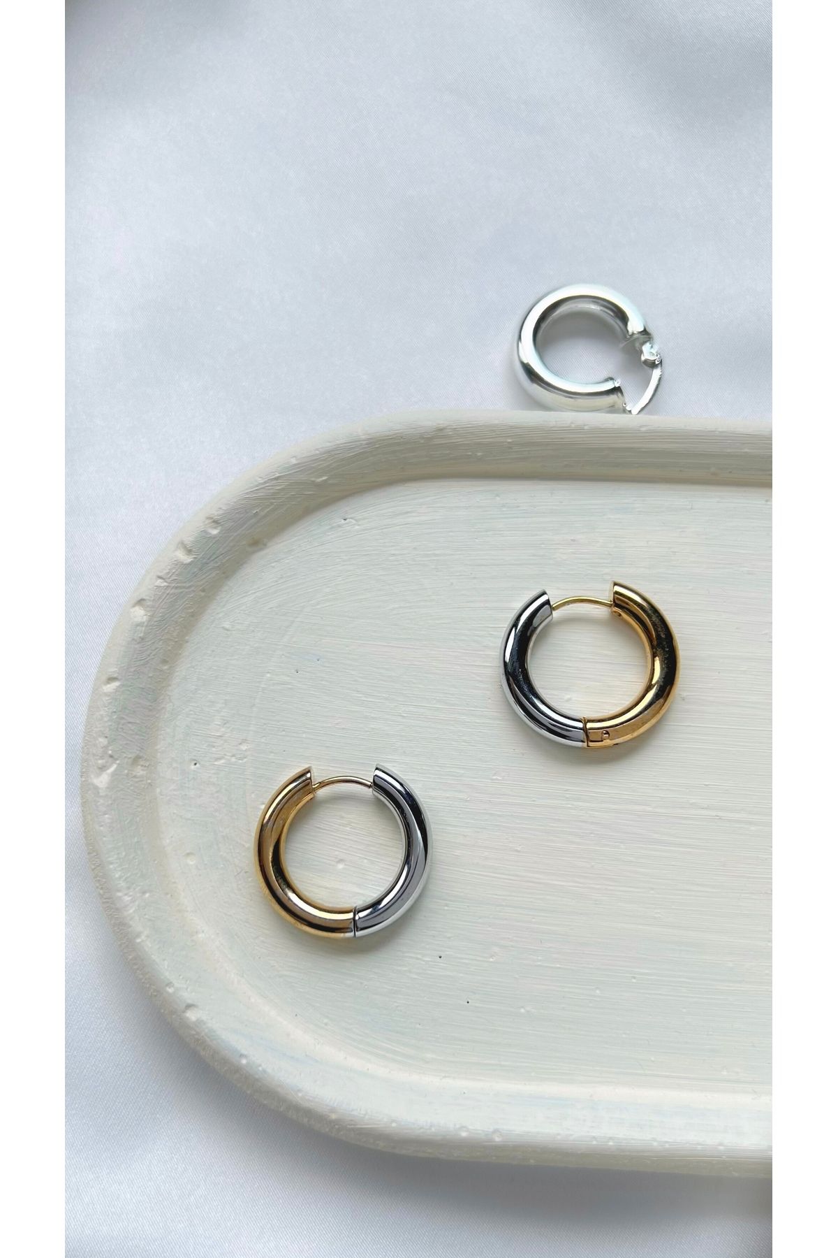 solaris design Çelik Gümüş-Gold Çift Kullanımlı Halka Küpe