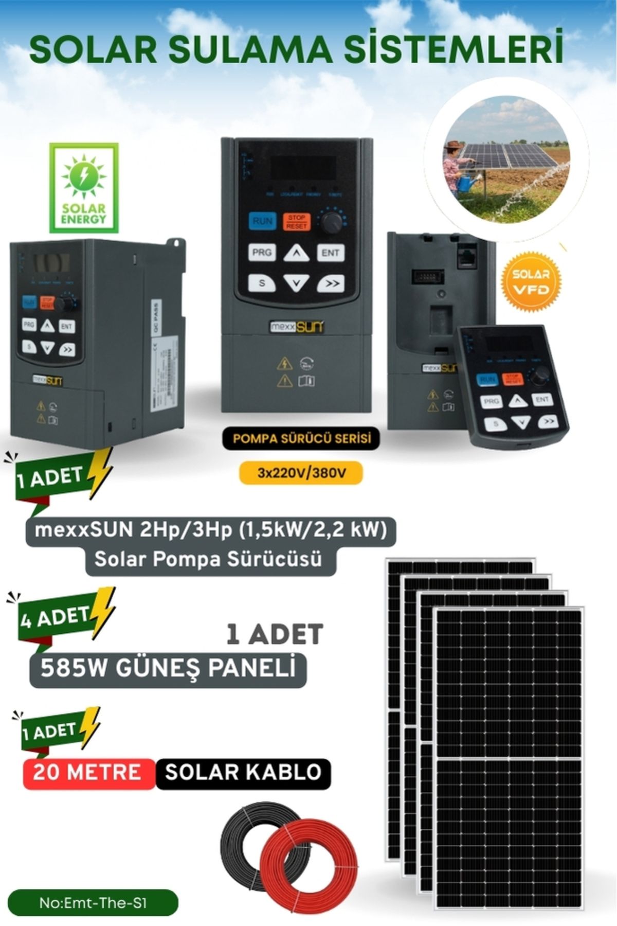 TNL SOLAR GÜNEŞ ENERJİ SULAMA SİSTEMLERİ 2Hp/3Hp (1,5kW/2,2 kW) Solar Pompa Sürücüsü 585 W GÜNEŞ PANELİ