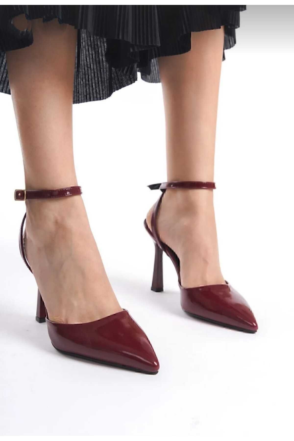 MODA İBO SHOES bordo rugan topuklu stiletto ayakkabı