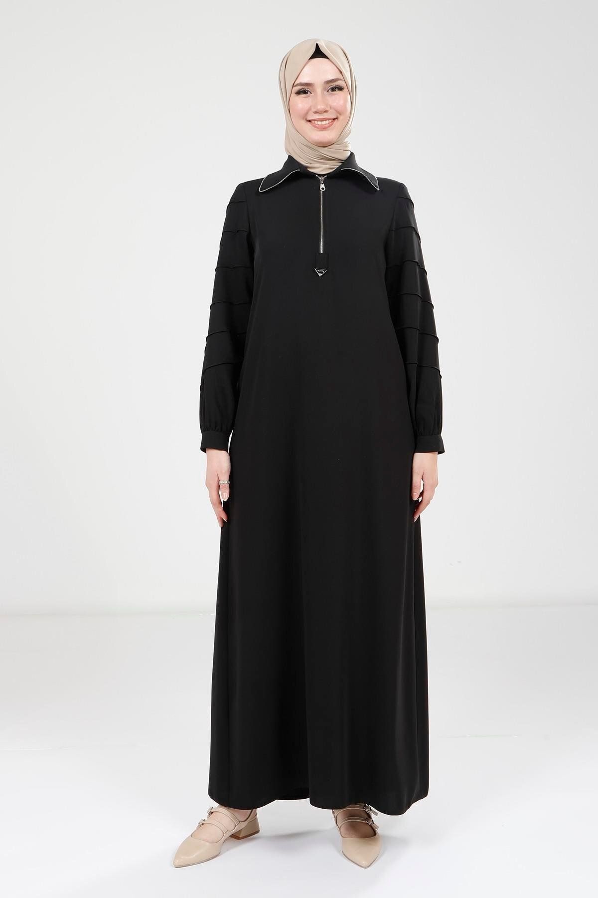 Beyza Fermuarlı Siyah Elbise 9379