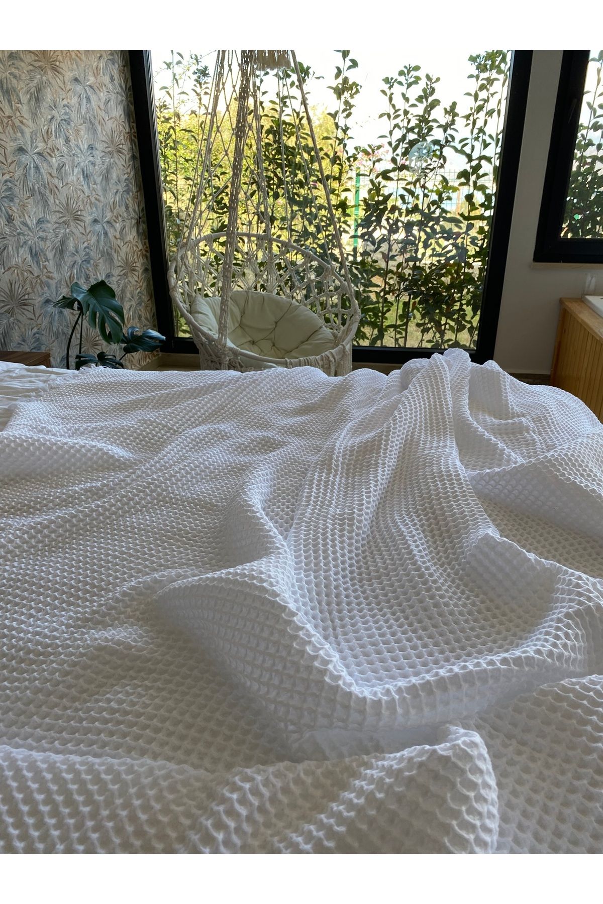 Tasarım Müslin Waffle 4Katlı %100 Pamuk Premium Yatak Örtüsü Beyaz Tek Kişilik 160x240 cm