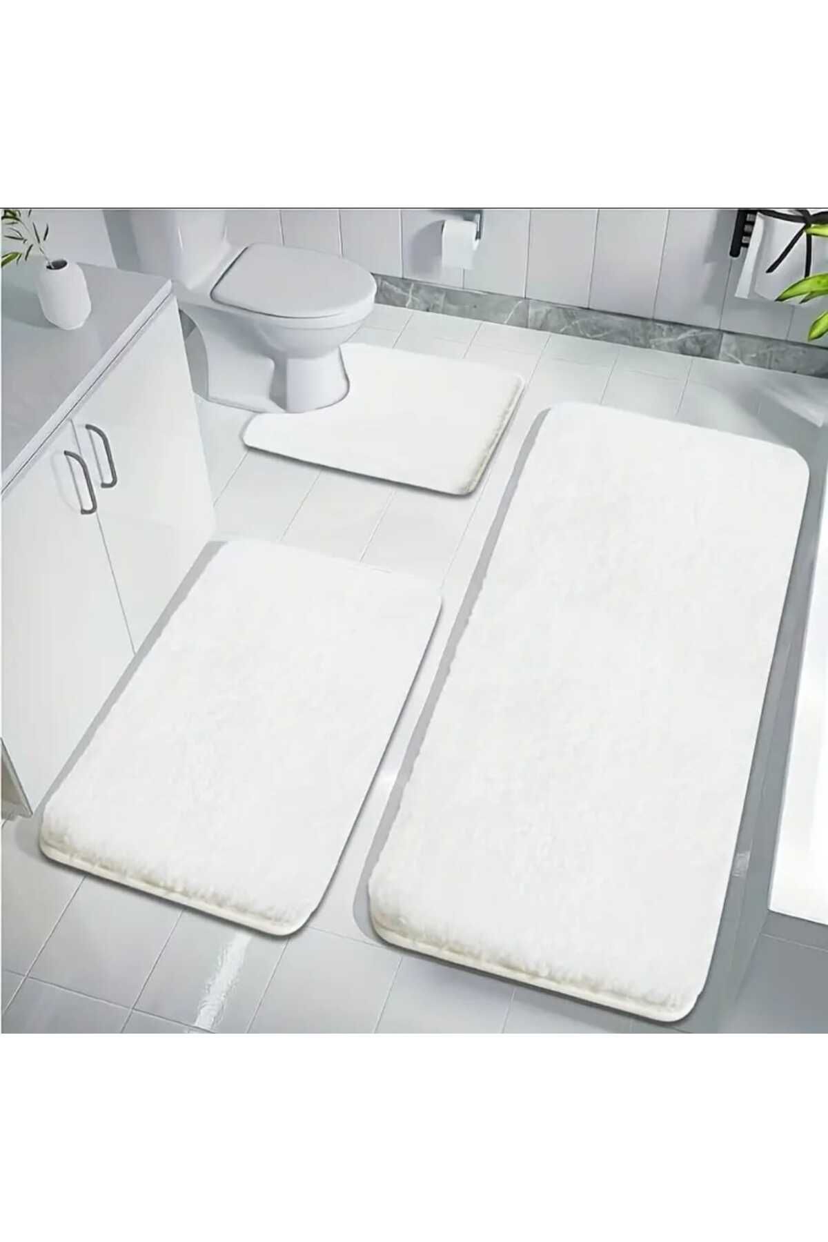 BEĞENDİ HOME Beyaz Banyo Halısı Kaymaz Taban 3 Lü Post Klozet Takımı 50x100 50x80 50x53