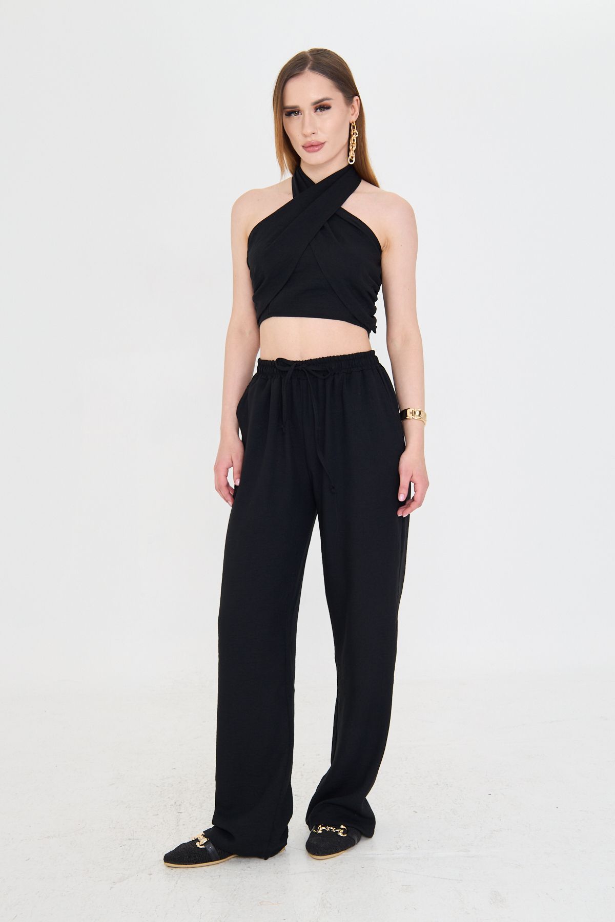 AS Anita Store Siyah Boyundan Bağlamalı Crop Ham Keten Alt Üst Takım