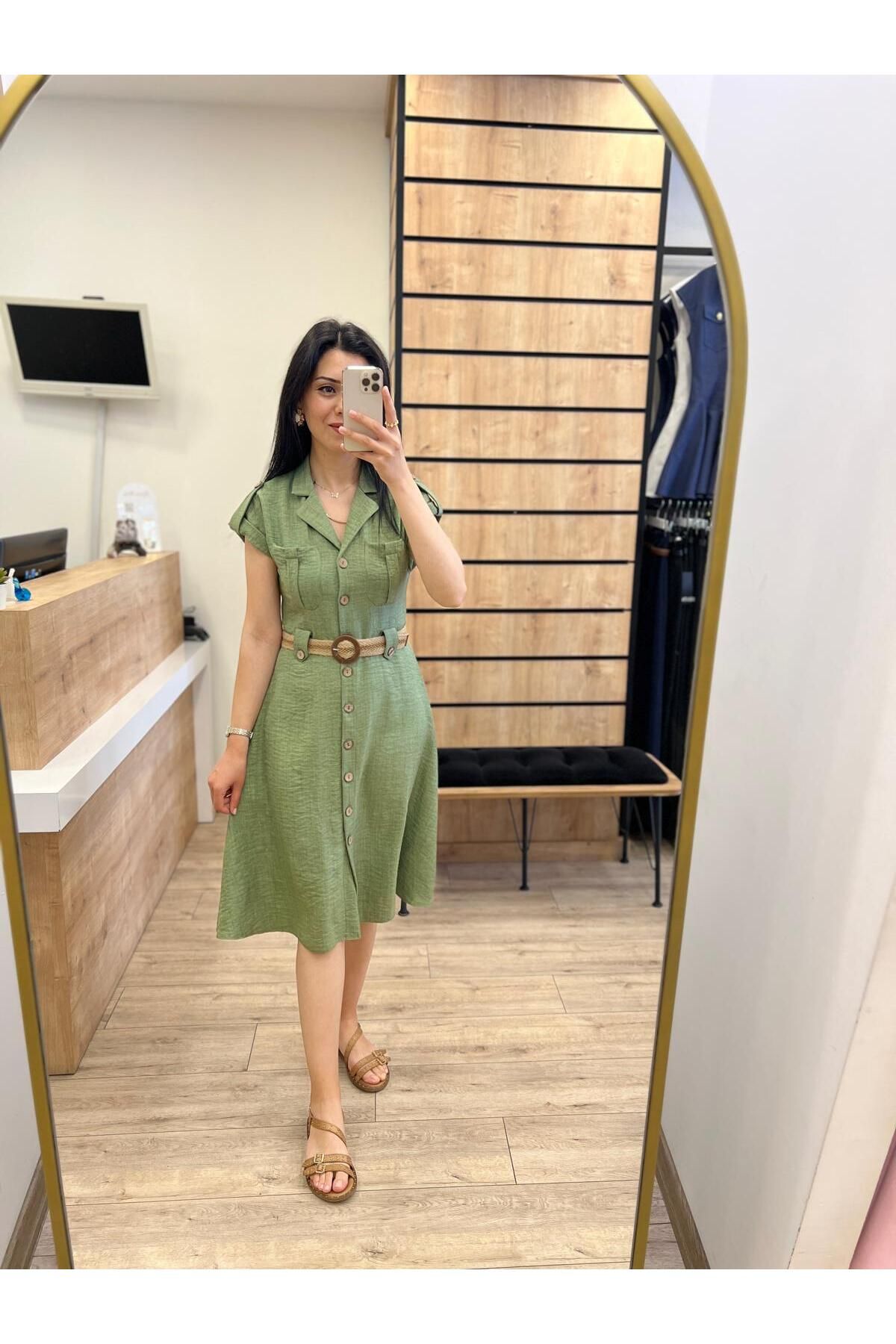 beyazmoda Haki Düşük Omuz Hasır Kemerli Elbise