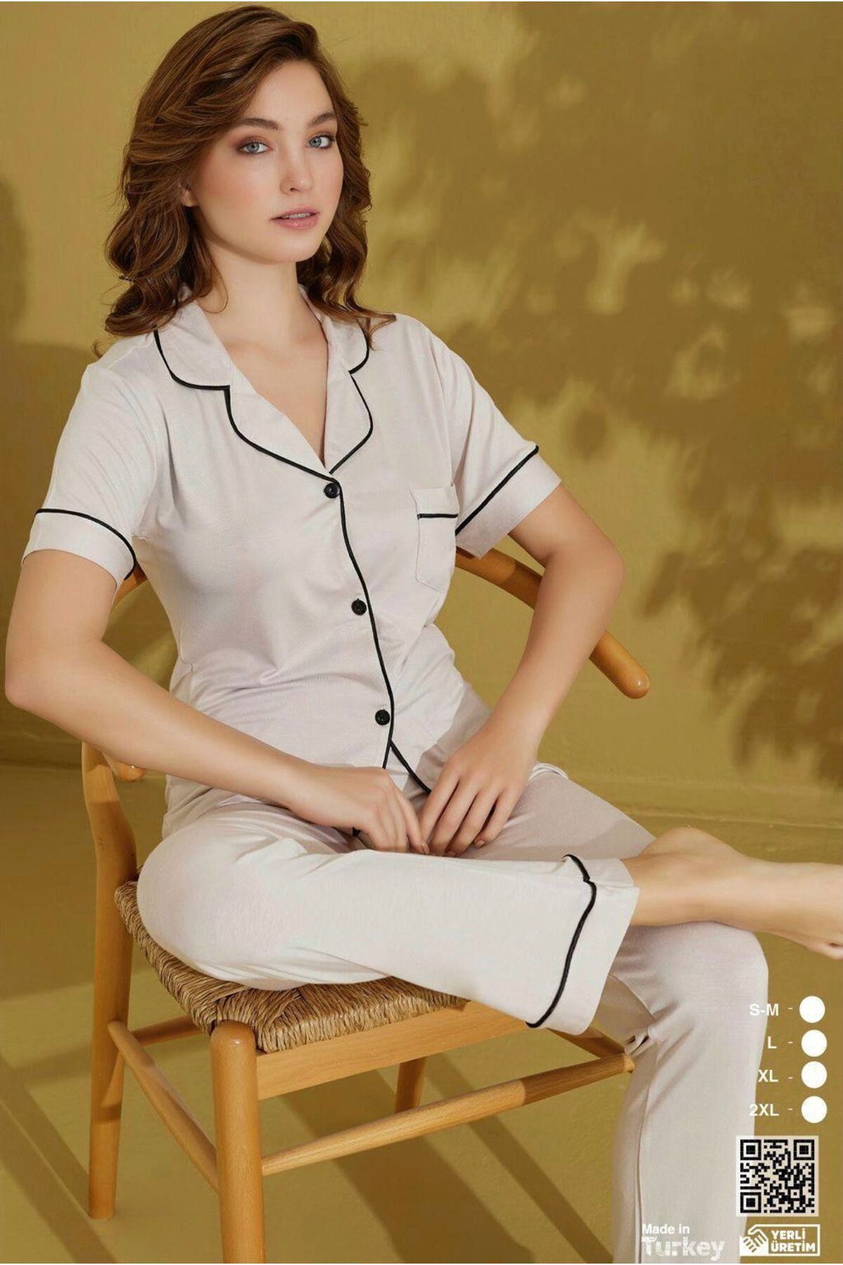 İpek Kadın Kısa Kol Önden Düğmeli Düz Renk Pijama Takımı