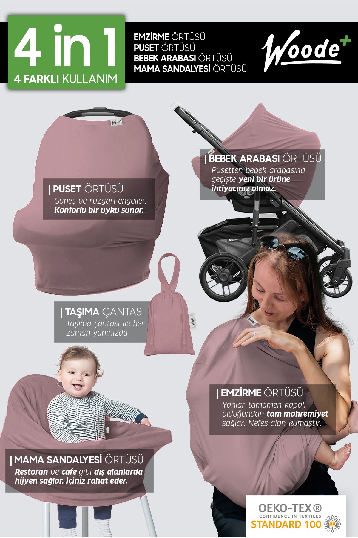 Woode+ Çok Amaçlı 4 in 1 Emzirme, Puset, Bebek Arabası & Mama Sandalyesi Örtüsü
