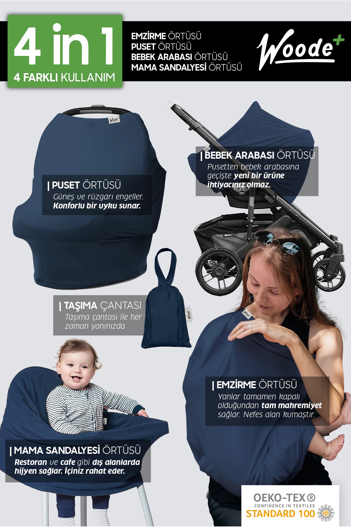 Woode+ Çok Amaçlı 4 in 1 Emzirme, Puset, Bebek Arabası & Mama Sandalyesi Örtüsü