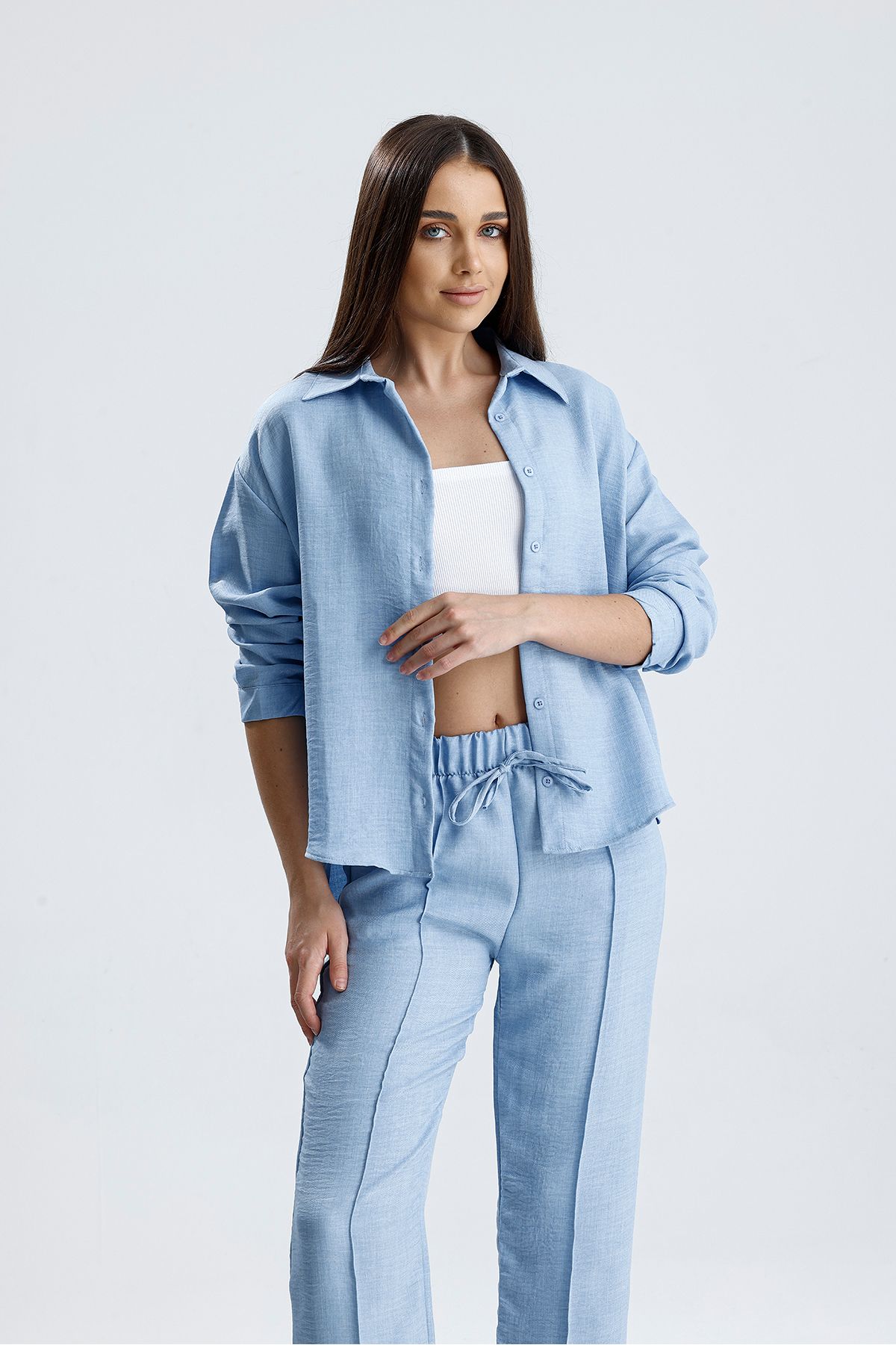 Sienza Kadın Oversize Alt Üst Takım – Gömlek ve Lastikli Pantolon İkili Set