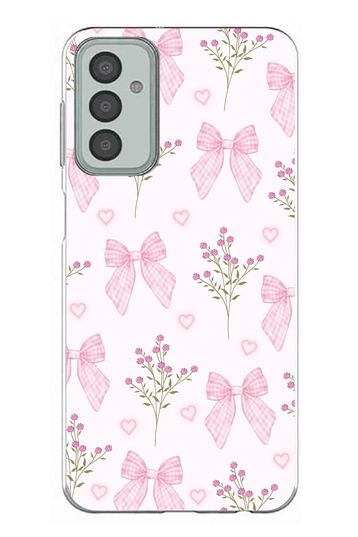 TechTree Samsung Galaxy M13 - M23 Uyumlu Pembe Çiçek ve Fiyonklar Şeffaf Silikon Kılıf