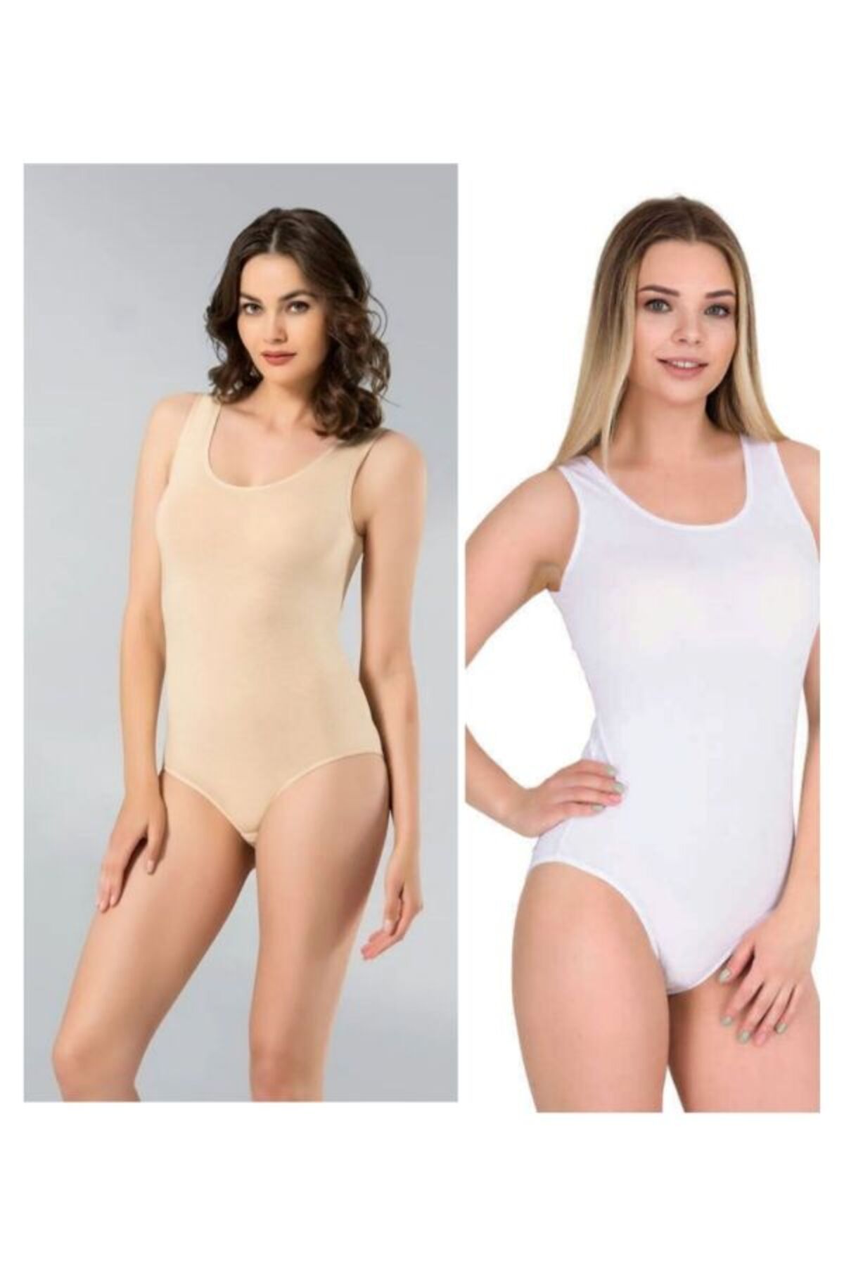 kit iç giyim Berrak 2'li Beyaz ve Ten Renkler Kalın Askılı Çıtçıtlı (Kancalı) Body - Atlet