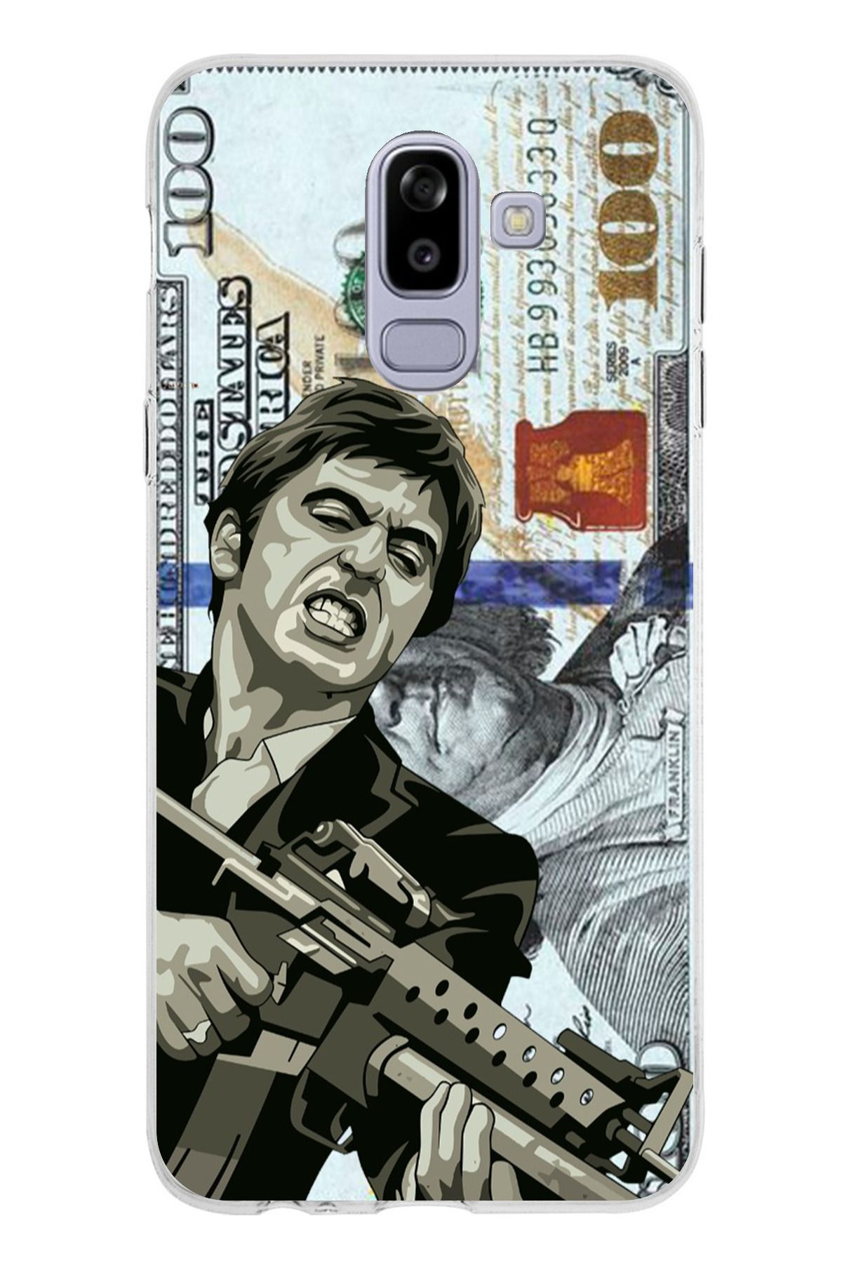 TechTree Samsung Galaxy J8 - A6 PLUS Uyumlu Scarface Dolar Tasarımlı Şeffaf Silikon Kılıf