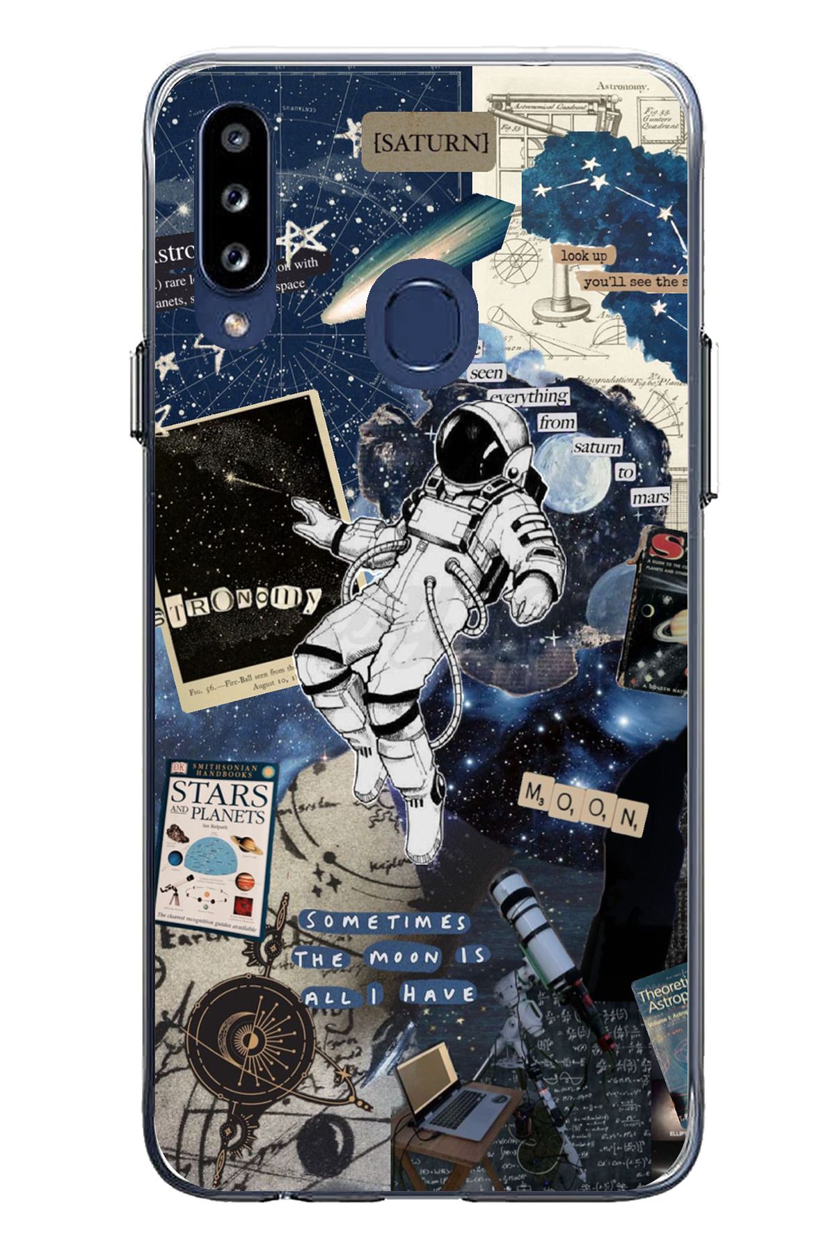 TechTree Samsung Galaxy A20S Uyumlu Retro Astronot Tasarımlı Şeffaf Silikon Kılıf
