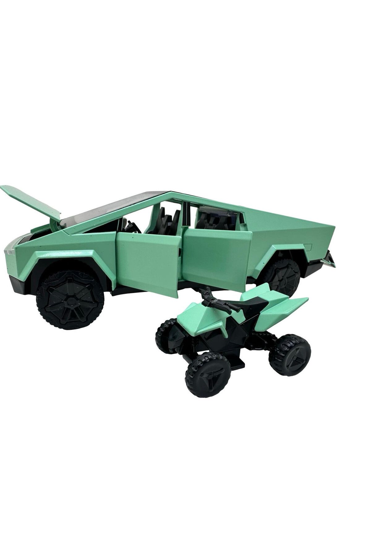 JPT-Tesla Cybertruck green metal model with metal atv 1:32 with sound, lights, opens doors 5