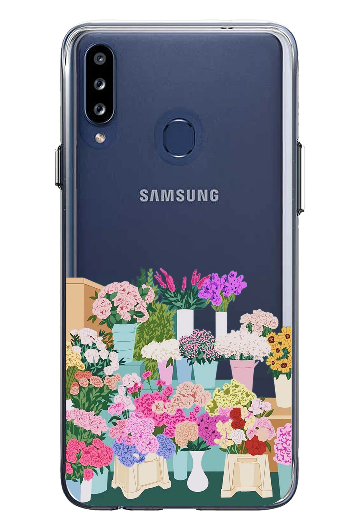 TechTree Samsung Galaxy A20S Uyumlu Vazoda Çiçekler Tasarımlı Şeffaf Silikon Kılıf
