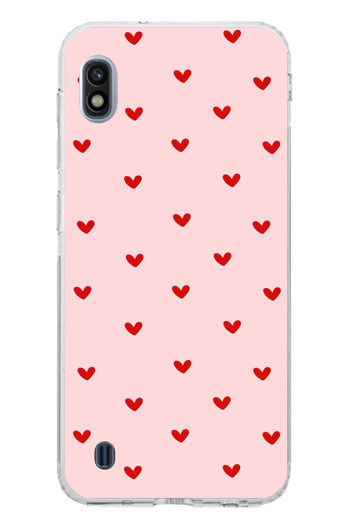 TechTree Samsung Galaxy A10 Uyumlu Kırmızı Minik Kalpler Şeffaf Silikon Kılıf
