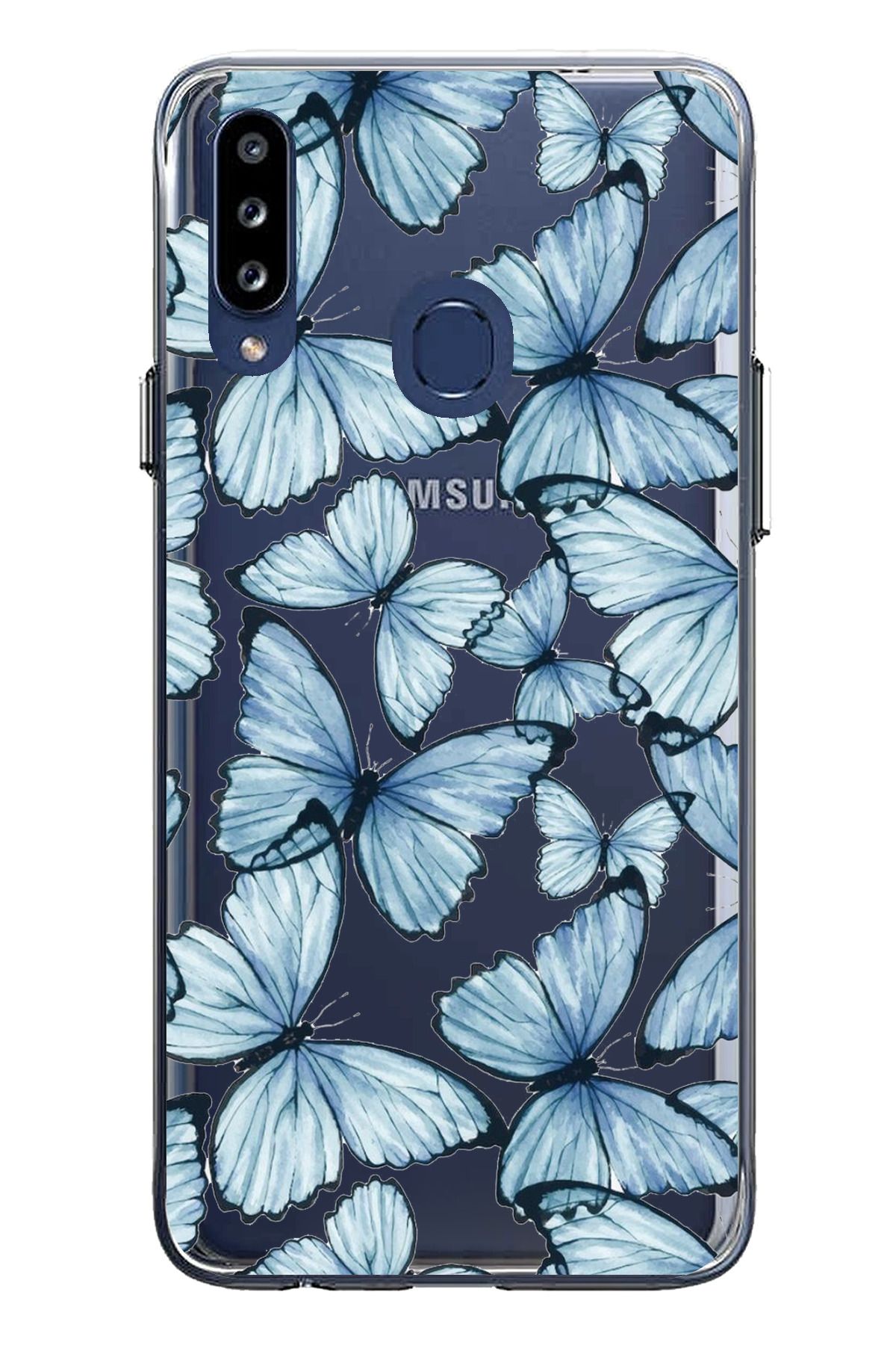 TechTree Samsung Galaxy A20S Uyumlu Mavi Kelebekler Tasarımlı Şeffaf Silikon Kılıf