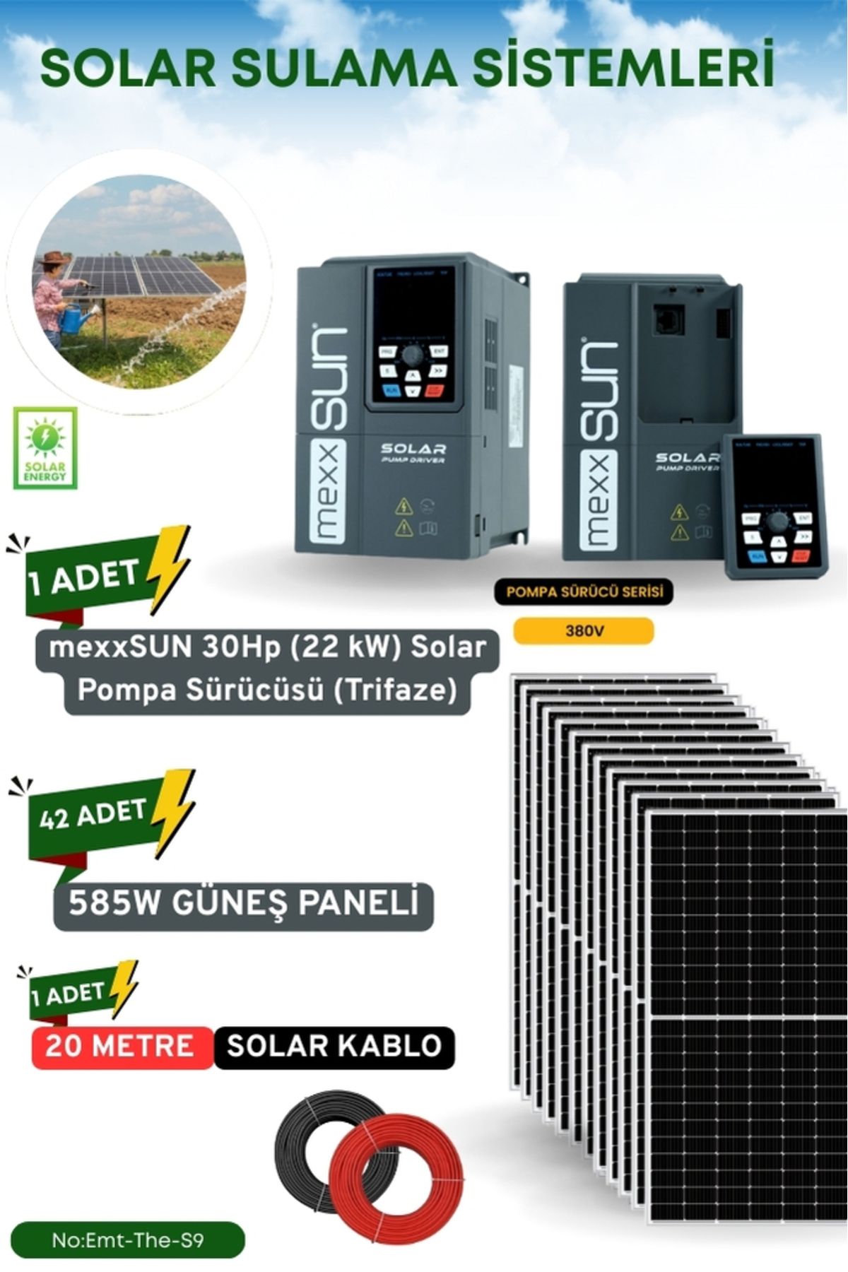 TNL SOLAR GÜNEŞ ENERJİ SULAMA SİSTEMİ 30Hp (22 kW) Solar Pompa Sürücüsü (Trifaze) 585 W Güneş Paneli