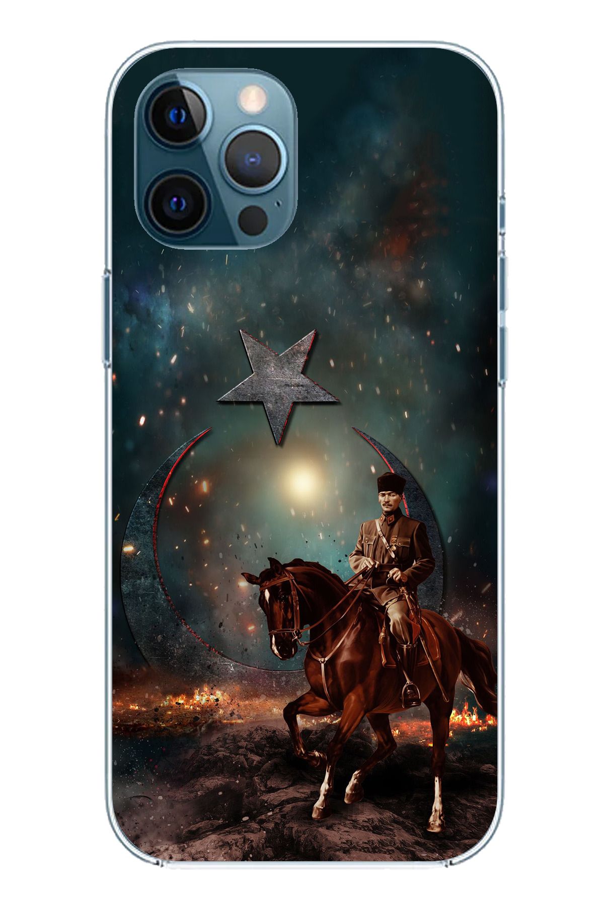 TechTree iPhone 12 Pro Max Uyumlu Atatürk At Üstünde Zafer Şeffaf Silikon Kılıf