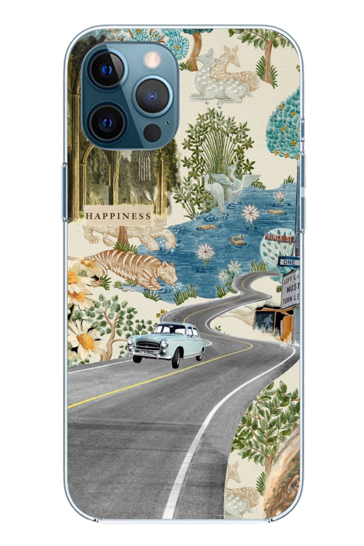 TechTree iPhone 12 Pro Max Uyumlu Yeşil Sanatsal Yol Çiçekler Şeffaf Silikon Kılıf